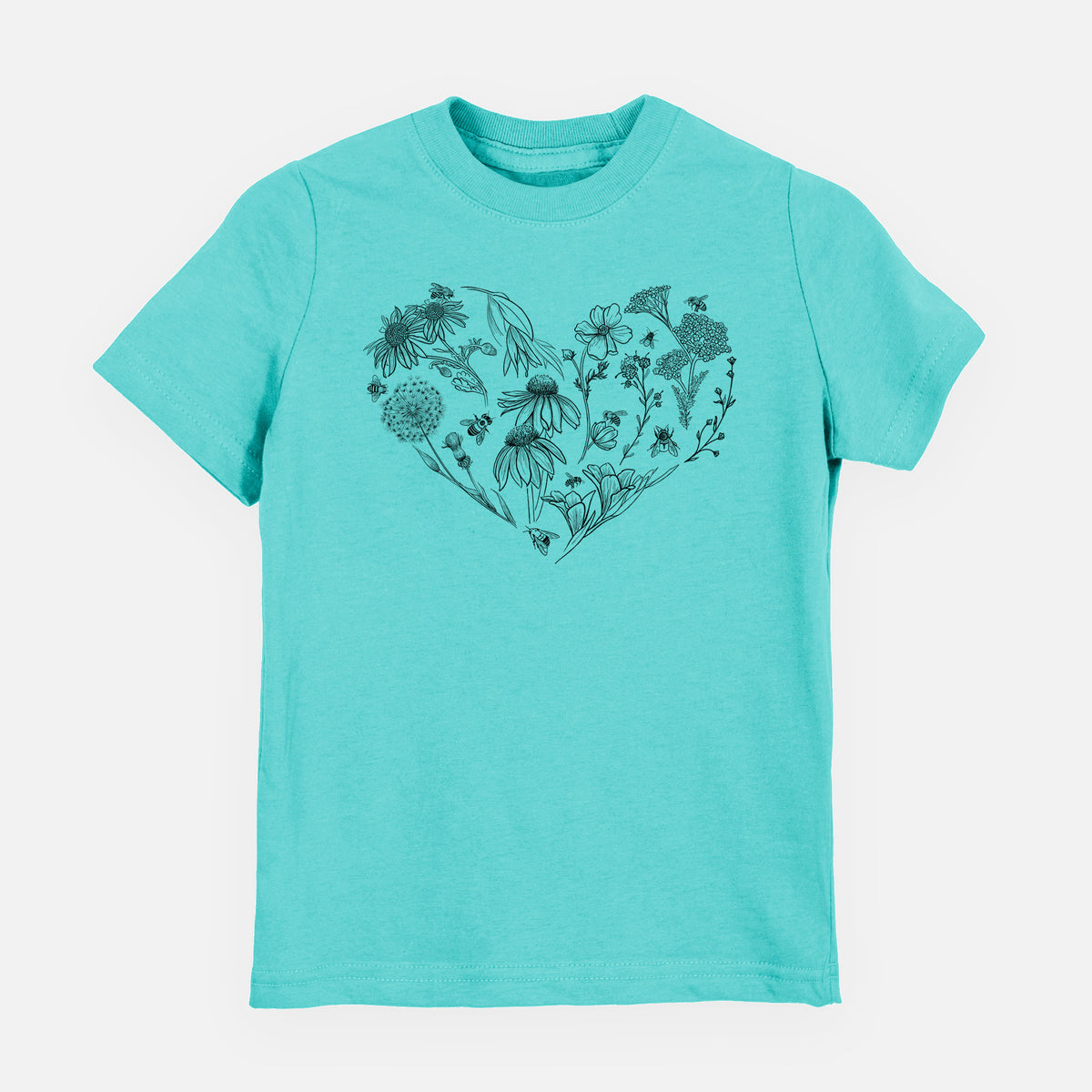Caribbean blue youth t-shirt laid flat, printed with a heart shape filled with black ink flowers and bees.