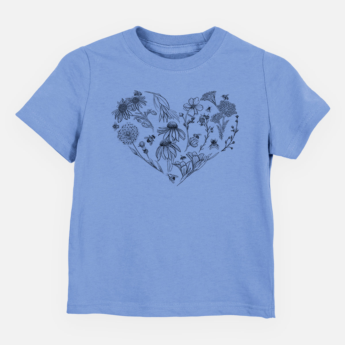 Carolina blue toddler t-shirt laid flat, printed with a heart shape filled with black ink flowers and bees.