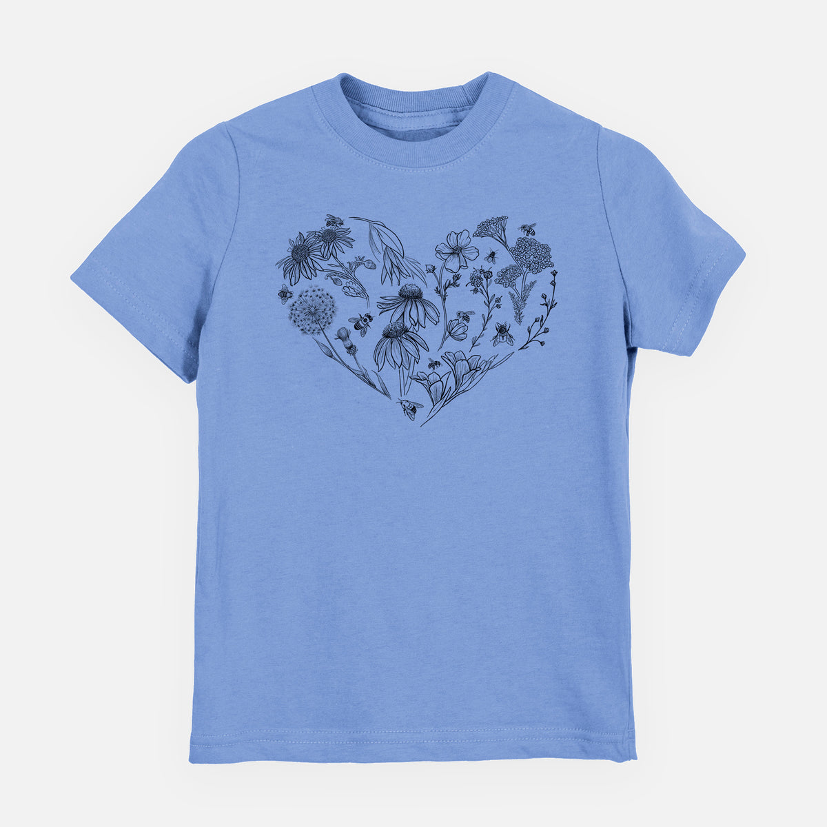 Carolina blue youth t-shirt laid flat, printed with a heart shape filled with black ink flowers and bees.