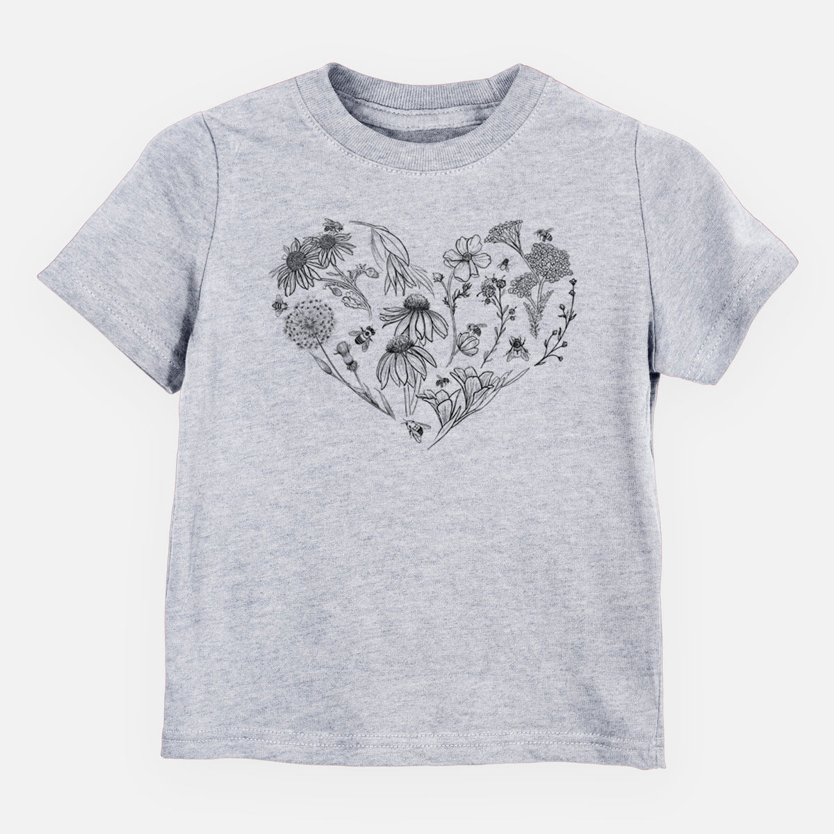 Heather grey toddler t-shirt laid flat, printed with a heart shape filled with black ink flowers and bees.