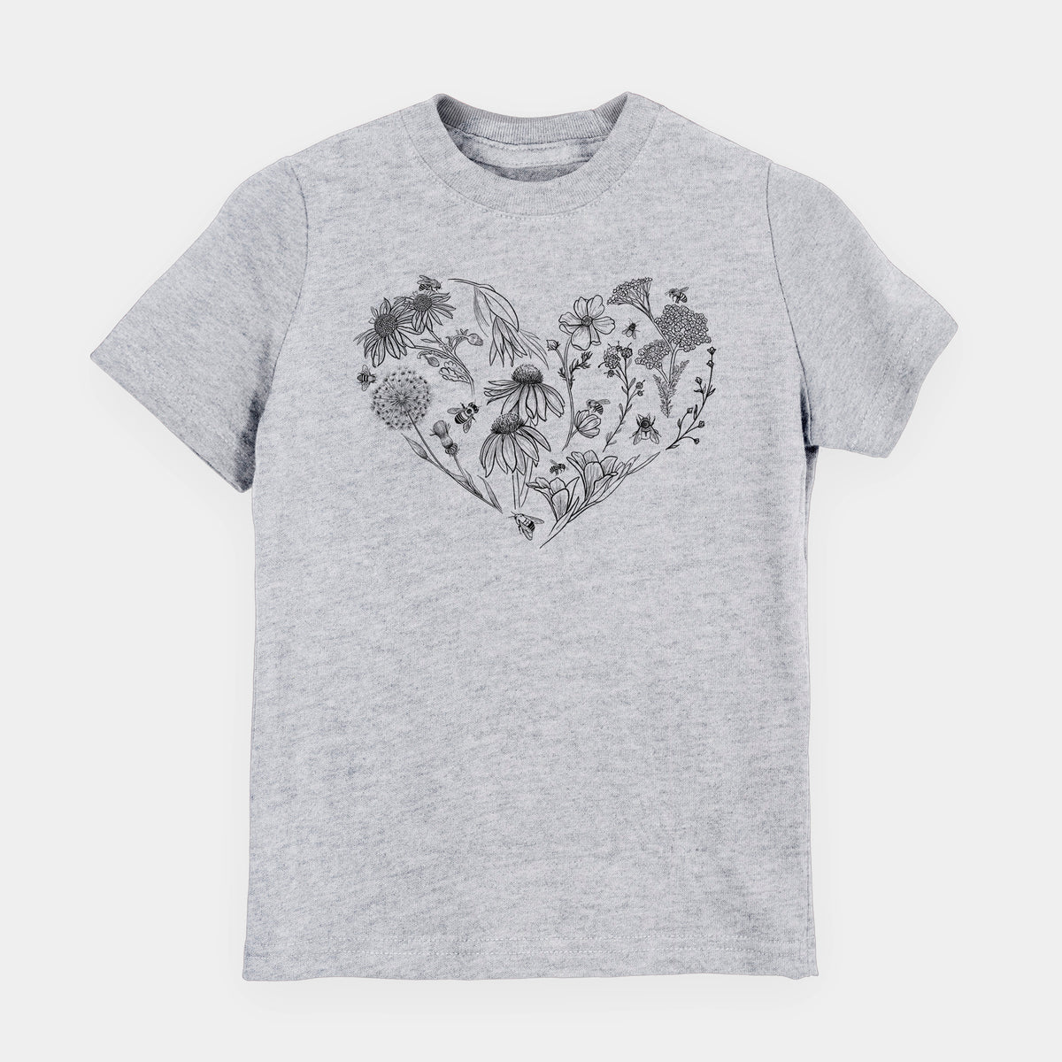 Heather grey youth t-shirt laid flat, printed with a heart shape filled with black ink flowers and bees.