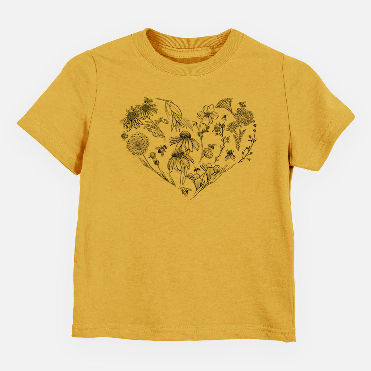 Honeycomb yellow toddler t-shirt laid flat, printed with a heart shape filled with black ink flowers and bees.