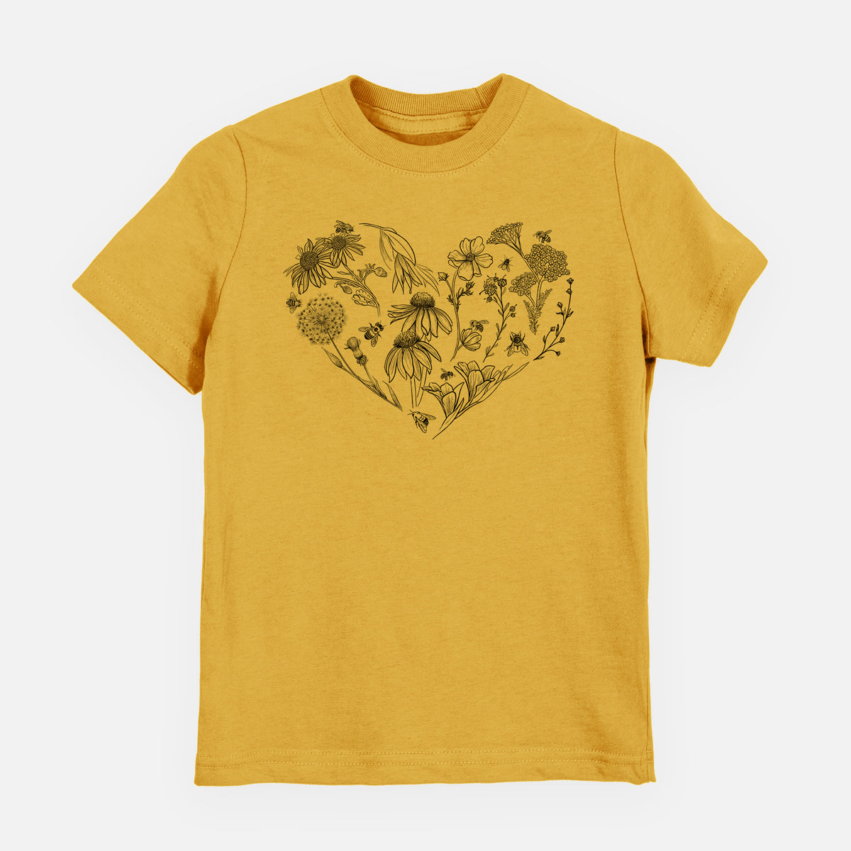 Honeycomb yellow youth t-shirt laid flat, printed with a heart shape filled with black ink flowers and bees.
