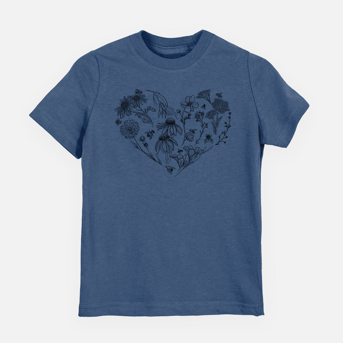 Indigo blue youth t-shirt laid flat, printed with a heart shape filled with black ink flowers and bees.