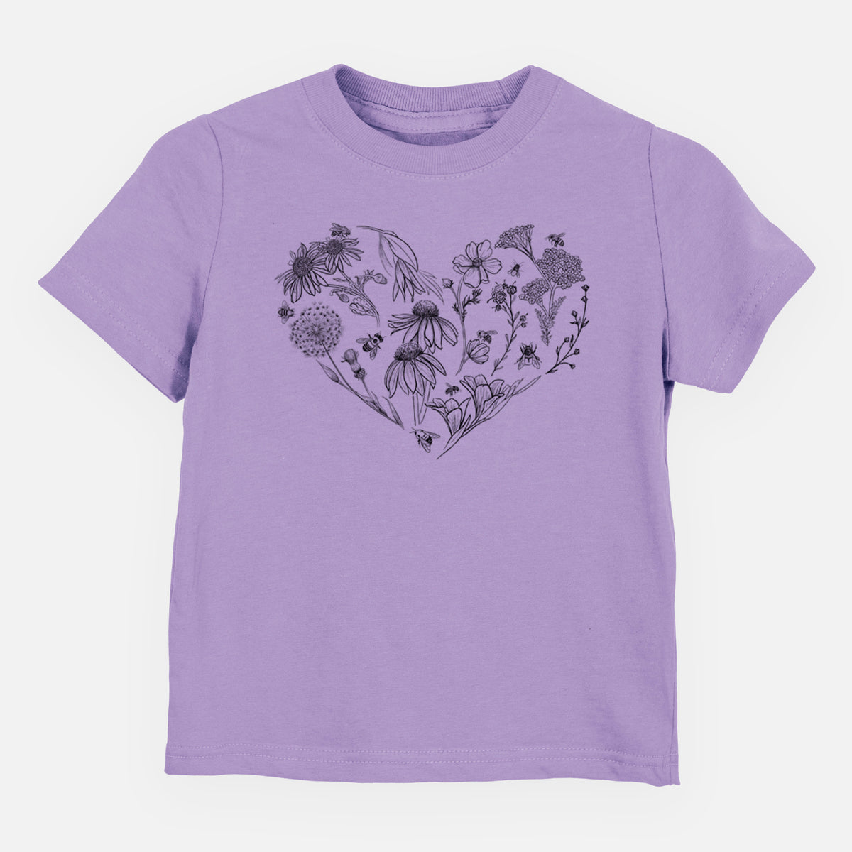 Lavender toddler t-shirt laid flat, printed with a heart shape filled with black ink flowers and bees.