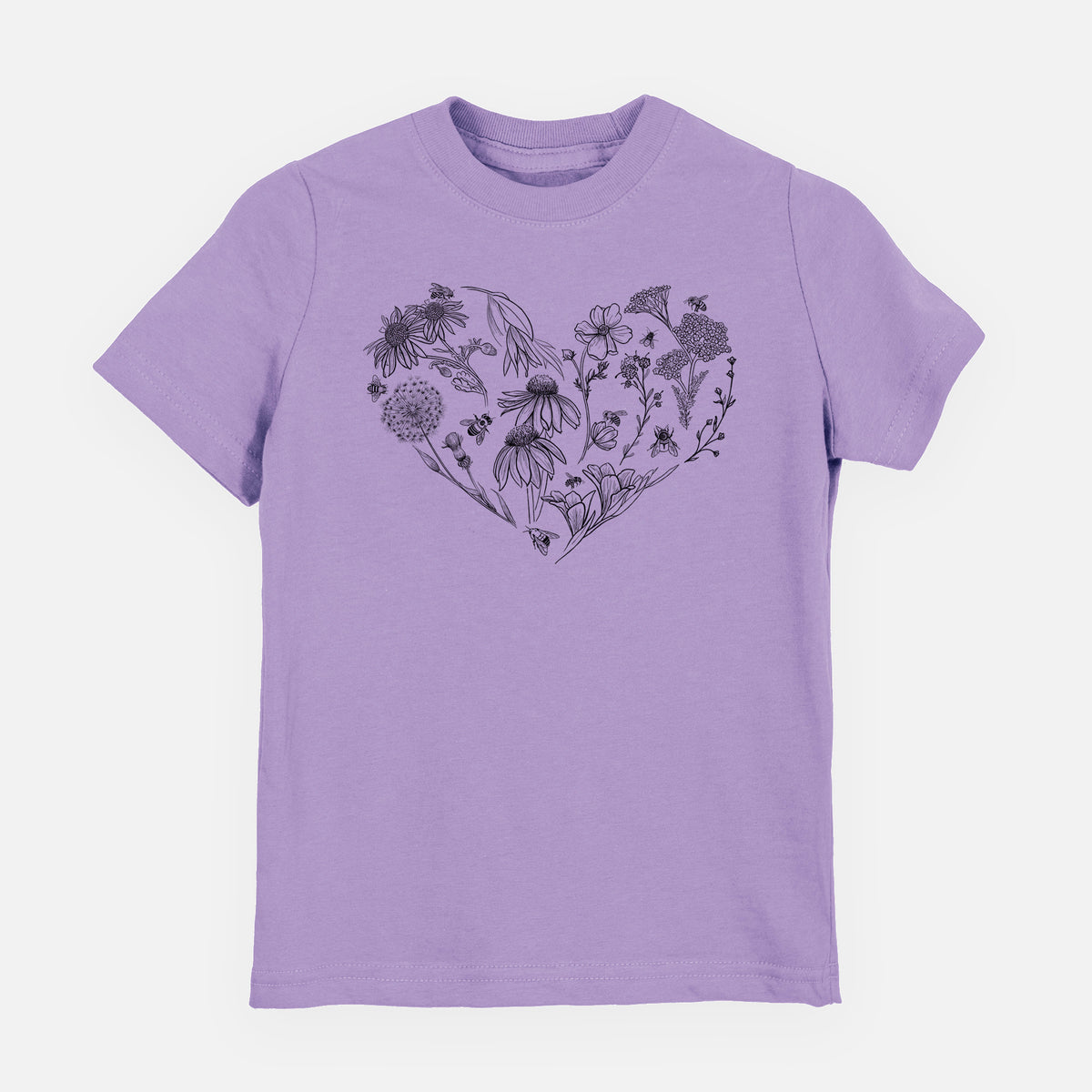 Lavender youth t-shirt laid flat, printed with a heart shape filled with black ink flowers and bees.