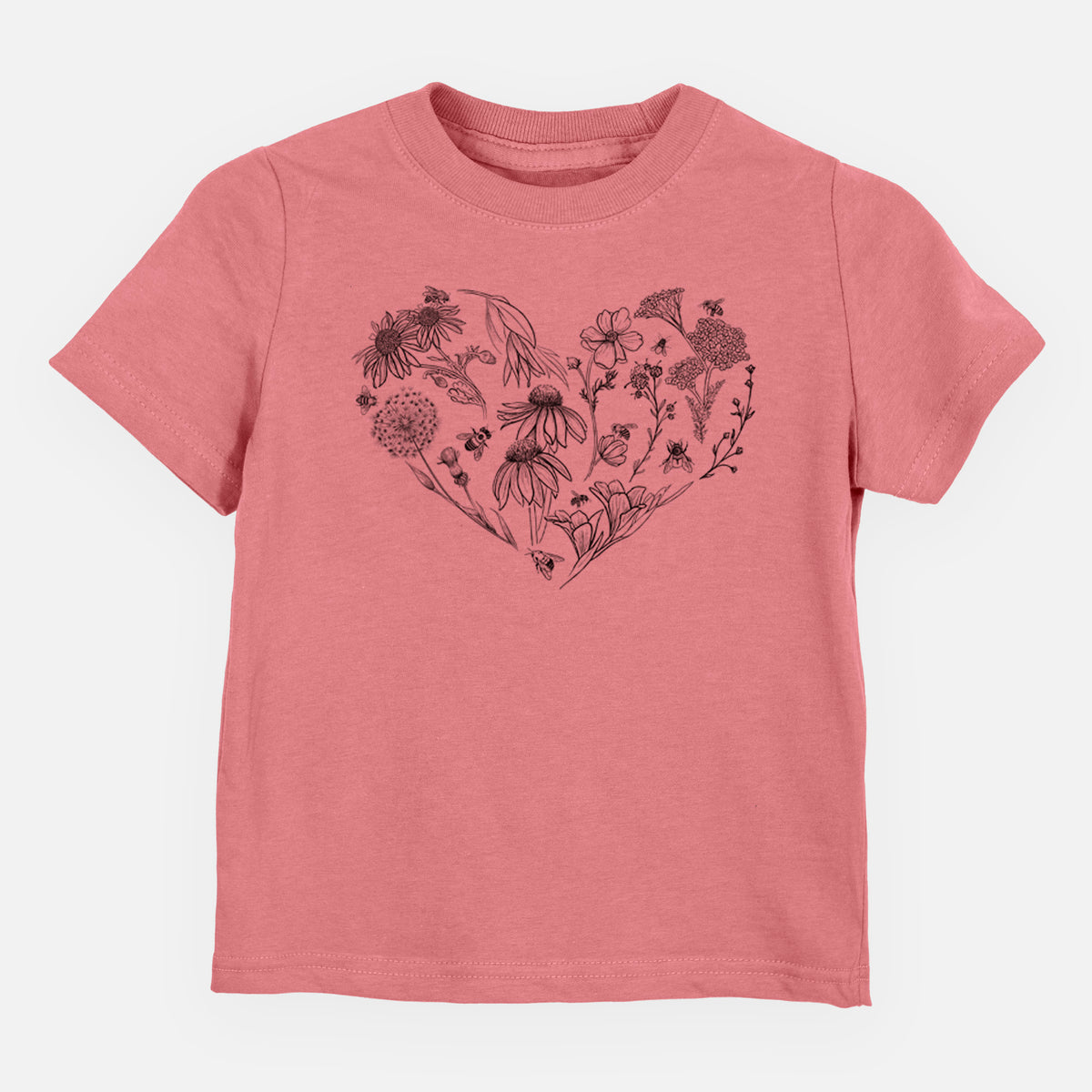 Mauve pink toddler t-shirt laid flat, printed with a heart shape filled with black ink flowers and bees.