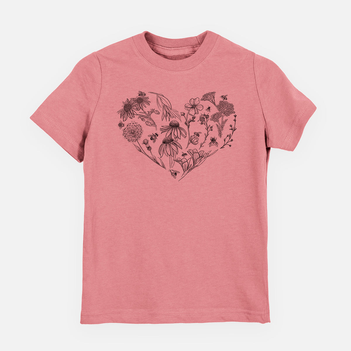 Mauve pink youth t-shirt laid flat, printed with a heart shape filled with black ink flowers and bees.