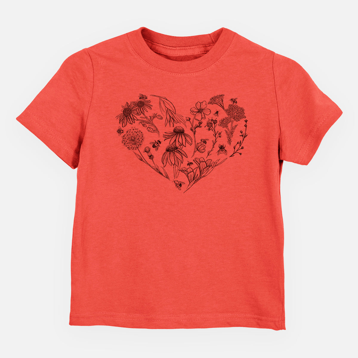 Passionfruit pink toddler t-shirt laid flat, printed with a heart shape filled with black ink flowers and bees.