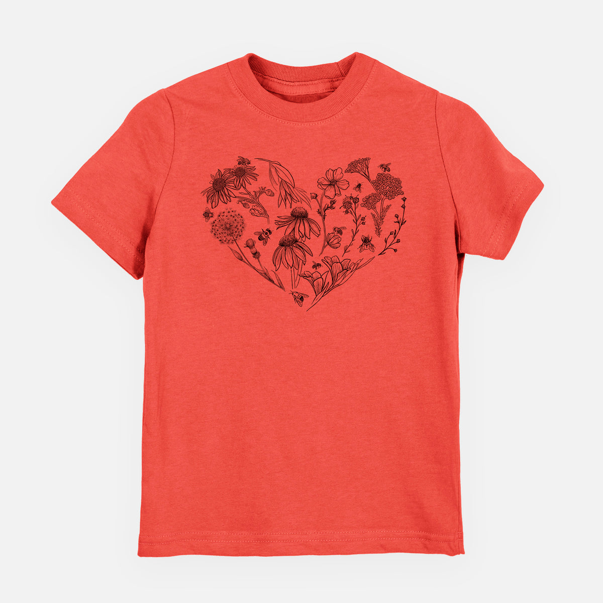 Passionfruit pink youth t-shirt laid flat, printed with a heart shape filled with black ink flowers and bees.