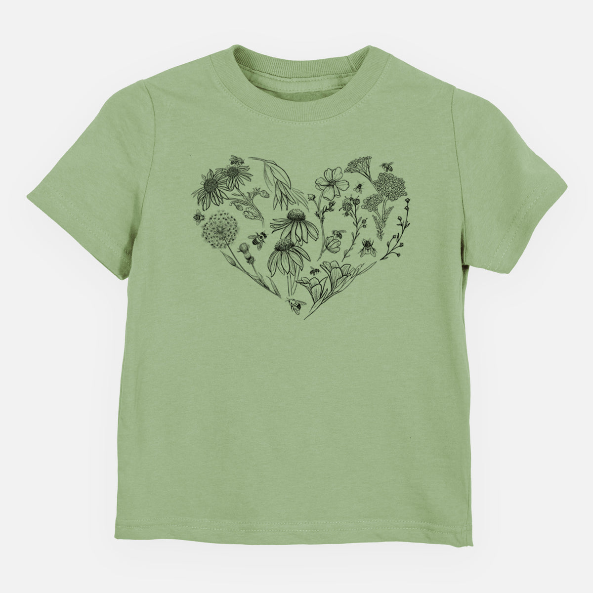 Sage green toddler t-shirt laid flat, printed with a heart shape filled with black ink flowers and bees.