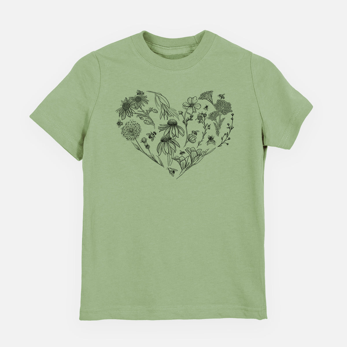 Sage green youth t-shirt laid flat, printed with a heart shape filled with black ink flowers and bees.