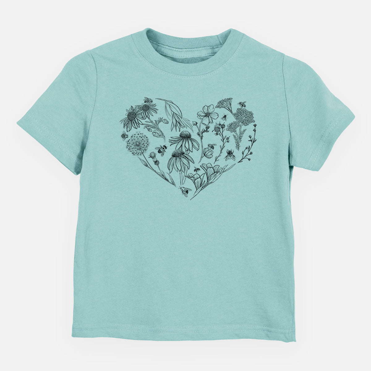 Saltwater toddler t-shirt laid flat, printed with a heart shape filled with black ink flowers and bees.