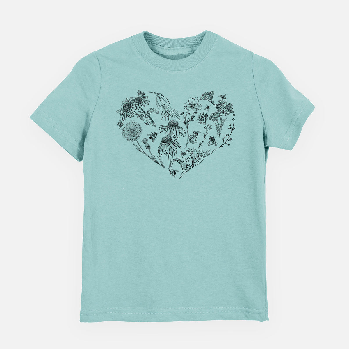 Saltwater youth t-shirt laid flat, printed with a heart shape filled with black ink flowers and bees.