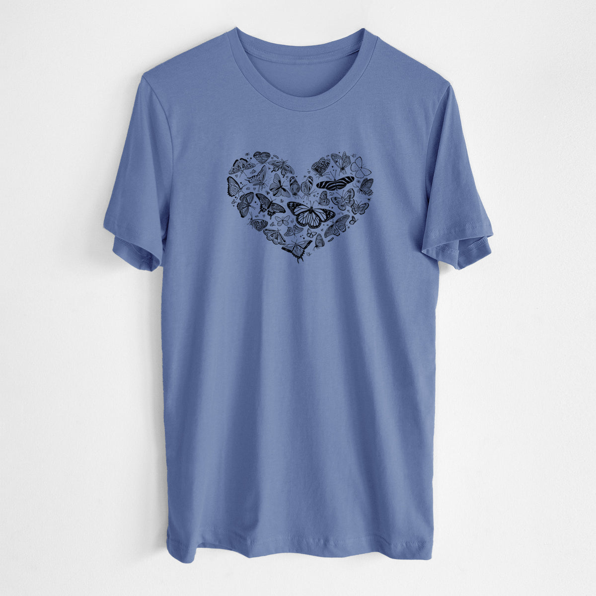 Blue bell lightweight cotton t-shirt laid flat, printed with a heart shape filled with small black ink butterflies and moths.