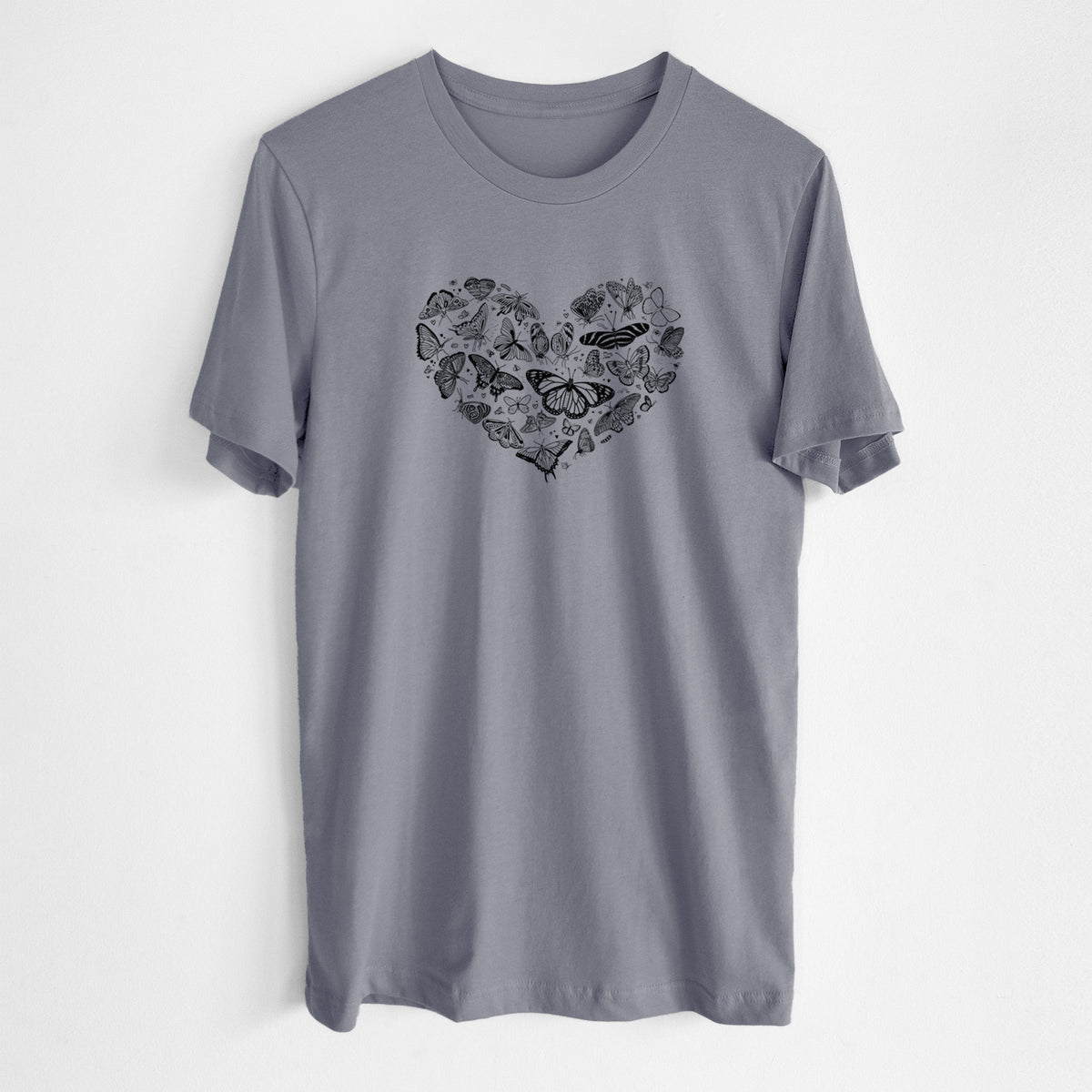 Storm grey lightweight cotton t-shirt laid flat, printed with a heart shape filled with small black ink butterflies and moths.