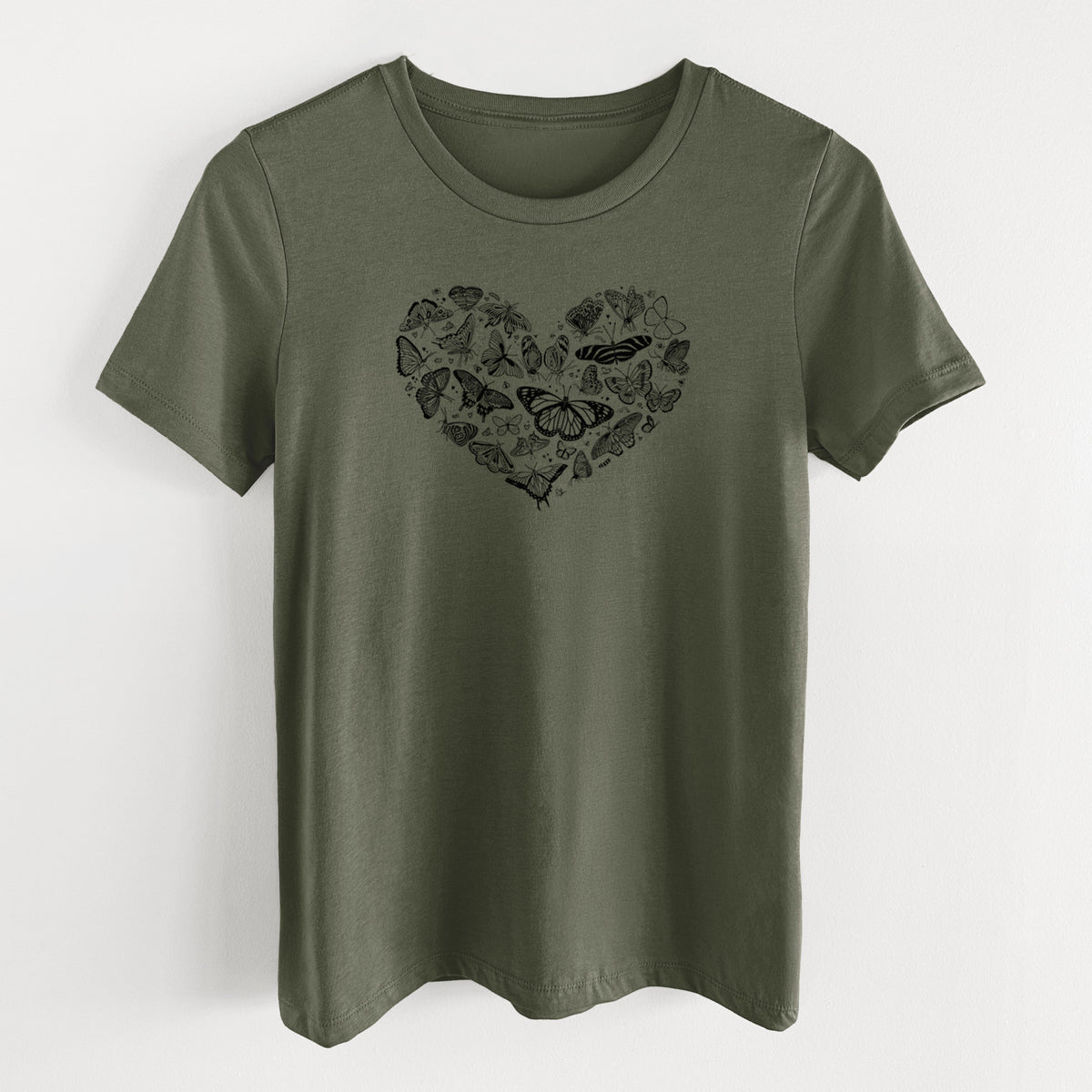 Military green women's relaxed fit cotton t-shirt laid flat, printed with a heart shape filled with small black ink butterflies and moths.