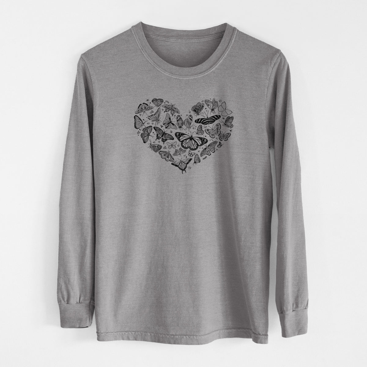 Grey Comfort Colors long sleeve shirt laid flat, printed with a heart shape filled with small black ink butterflies and moths.