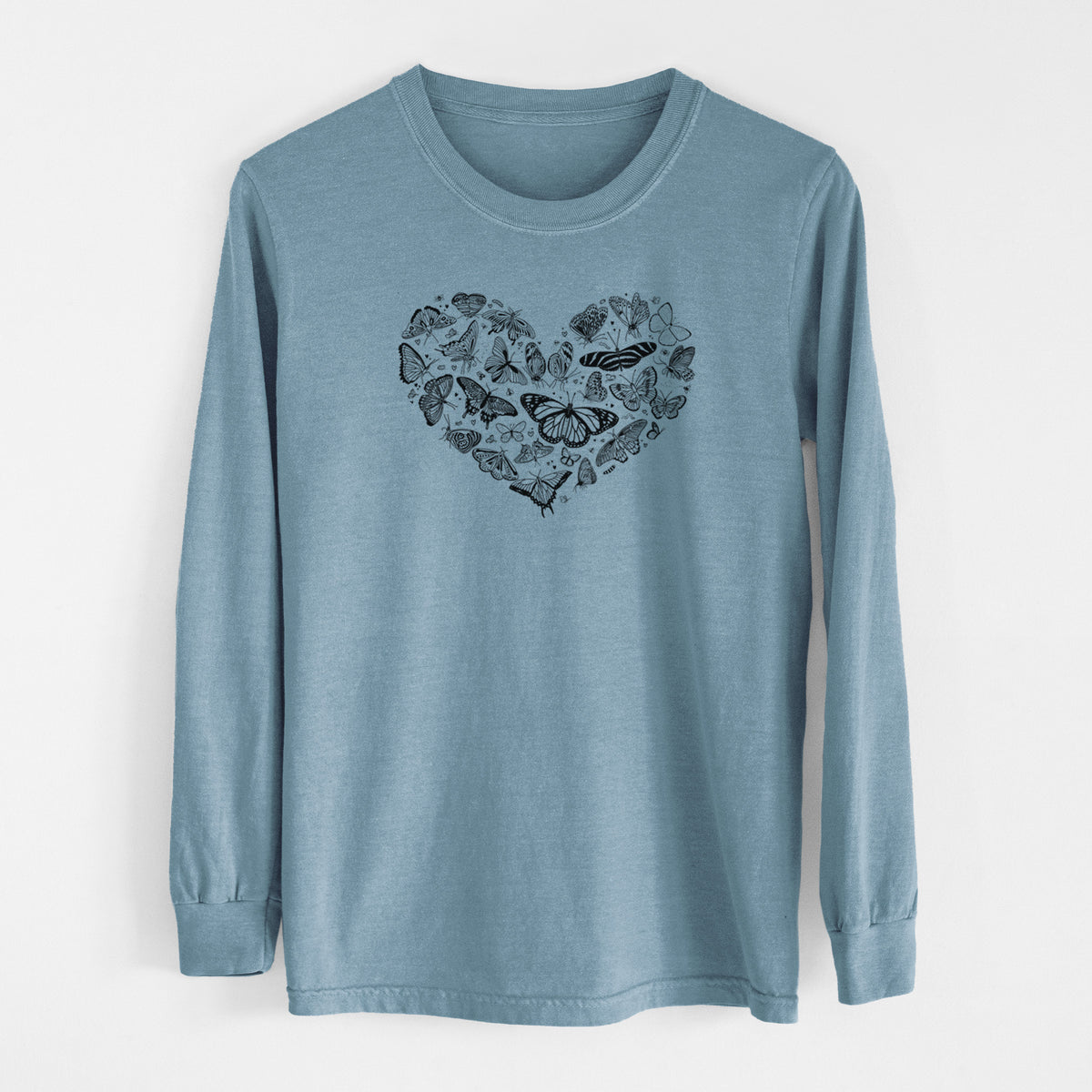 Steel blue Comfort Colors long sleeve shirt laid flat, printed with a heart shape filled with small black ink butterflies and moths.