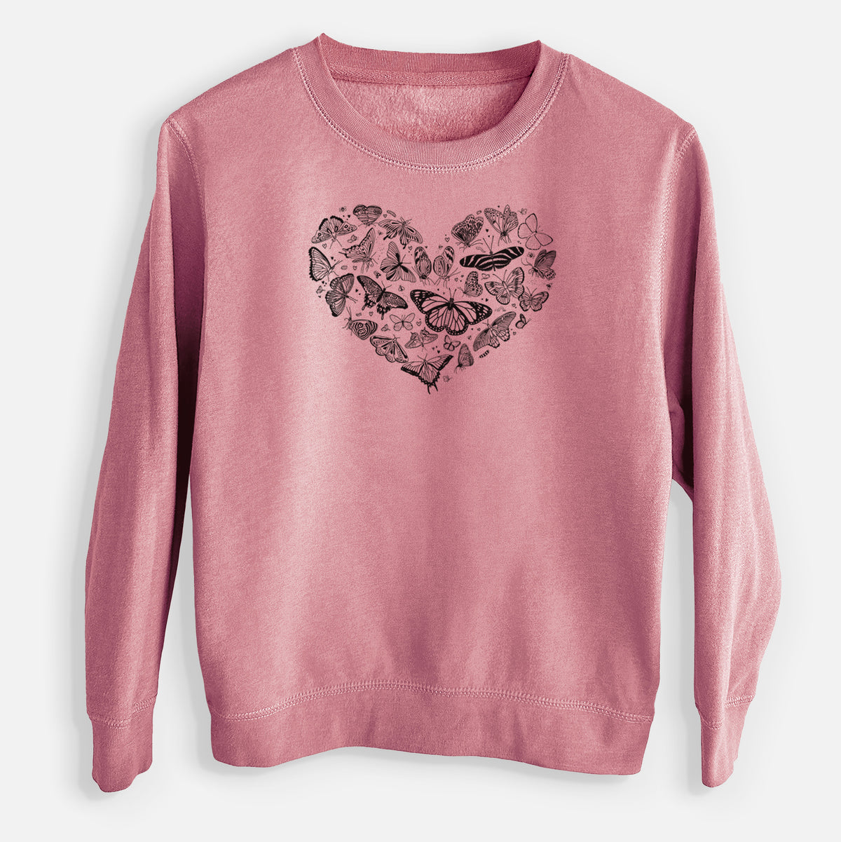 Mauve pink youth crewneck sweatshirt laid flat, printed with a heart shape filled with small black ink butterflies and moths.