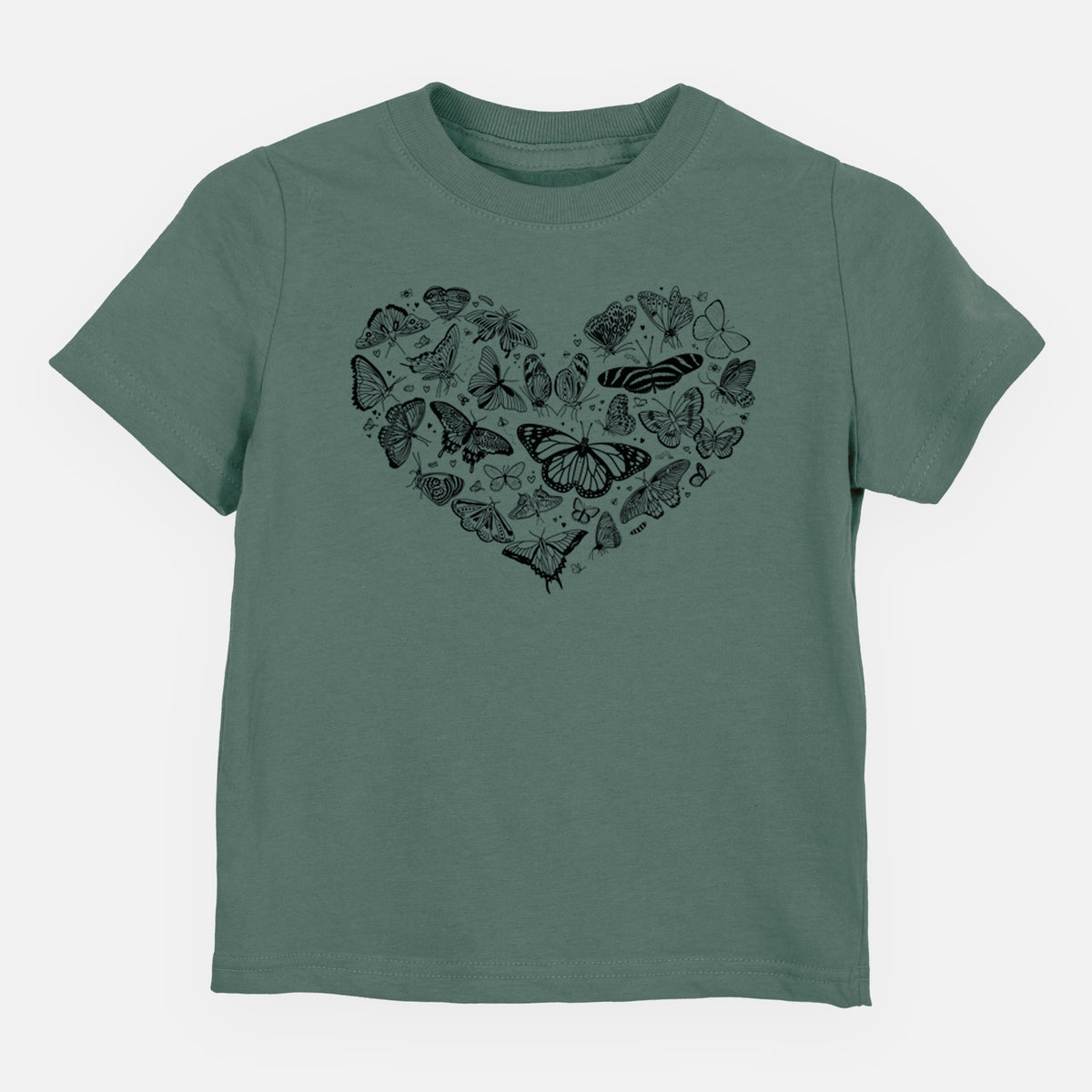 Basil green toddler t-shirt laid flat, printed with a heart shape filled with small black ink butterflies and moths.