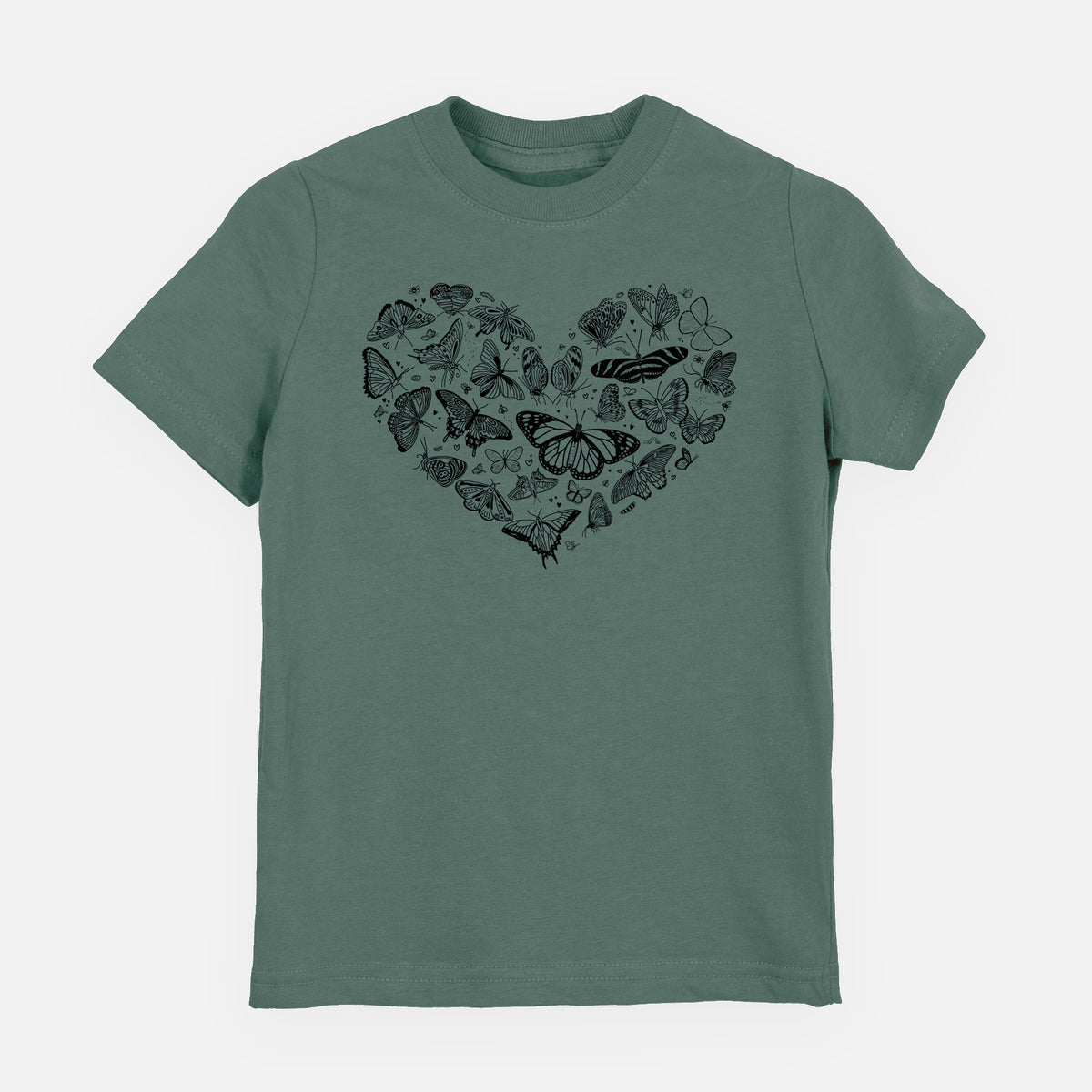 Basil green youth t-shirt laid flat, printed with a heart shape filled with small black ink butterflies and moths.