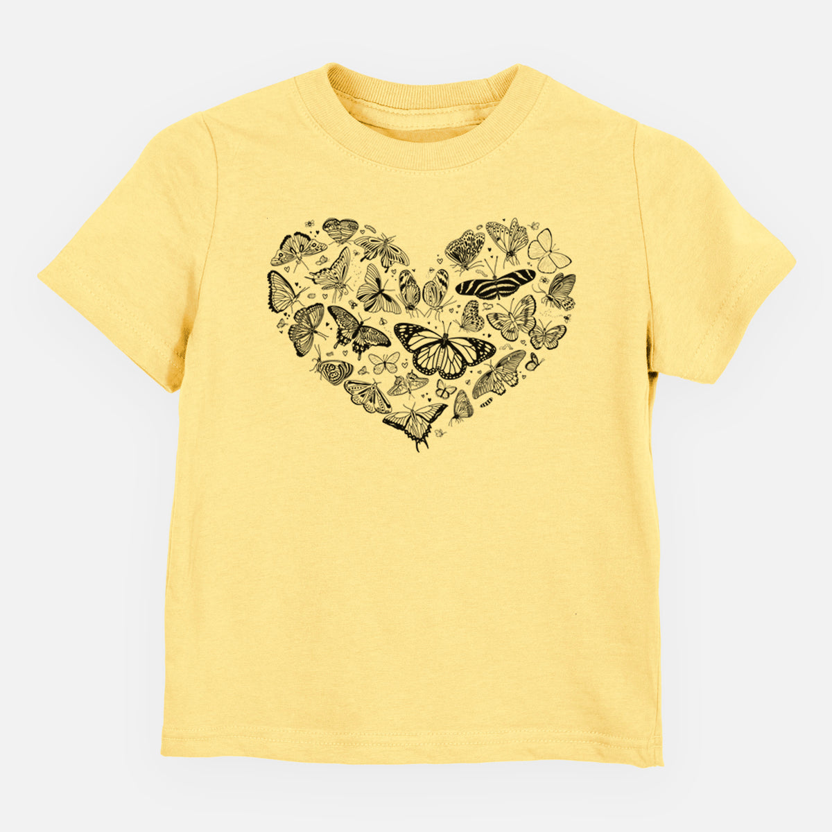 Butter yellow toddler t-shirt laid flat, printed with a heart shape filled with small black ink butterflies and moths.