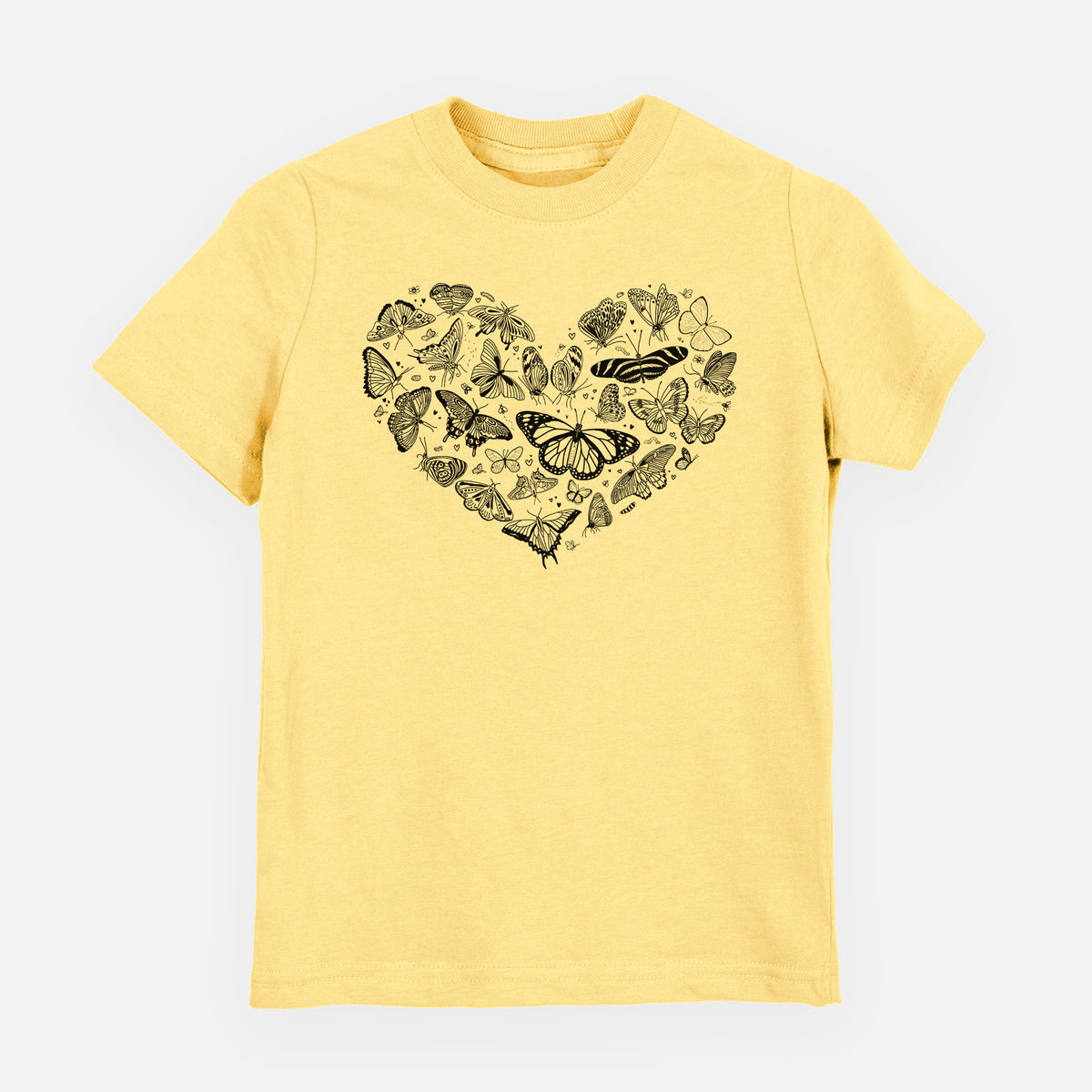 Butter yellow youth t-shirt laid flat, printed with a heart shape filled with small black ink butterflies and moths.
