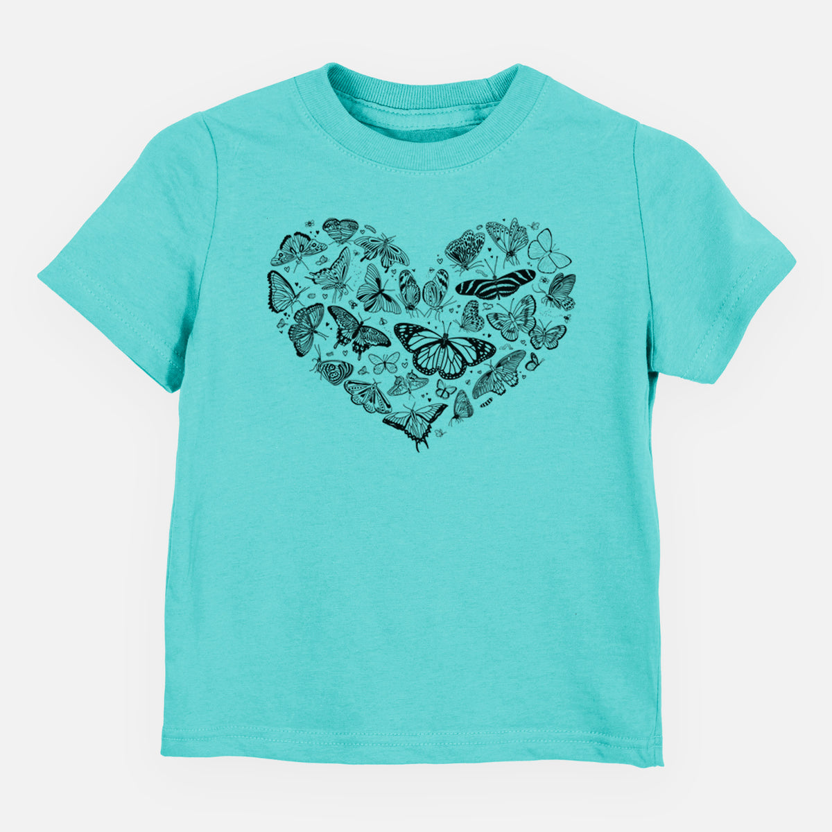 Caribbean blue toddler t-shirt laid flat, printed with a heart shape filled with small black ink butterflies and moths.