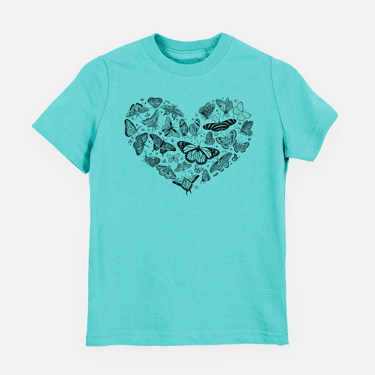 Caribbean blue youth t-shirt laid flat, printed with a heart shape filled with small black ink butterflies and moths.