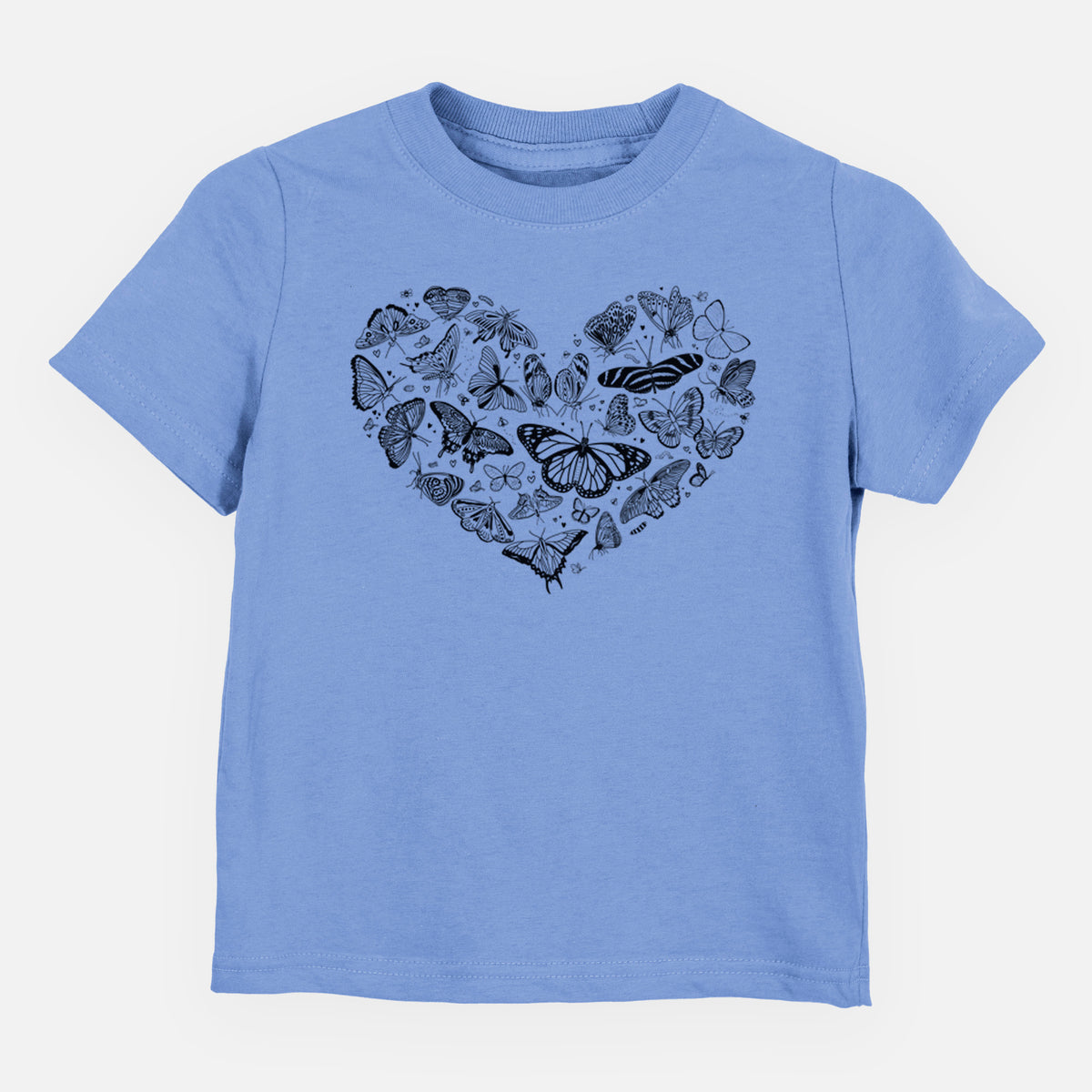 Carolina blue toddler t-shirt laid flat, printed with a heart shape filled with small black ink butterflies and moths.