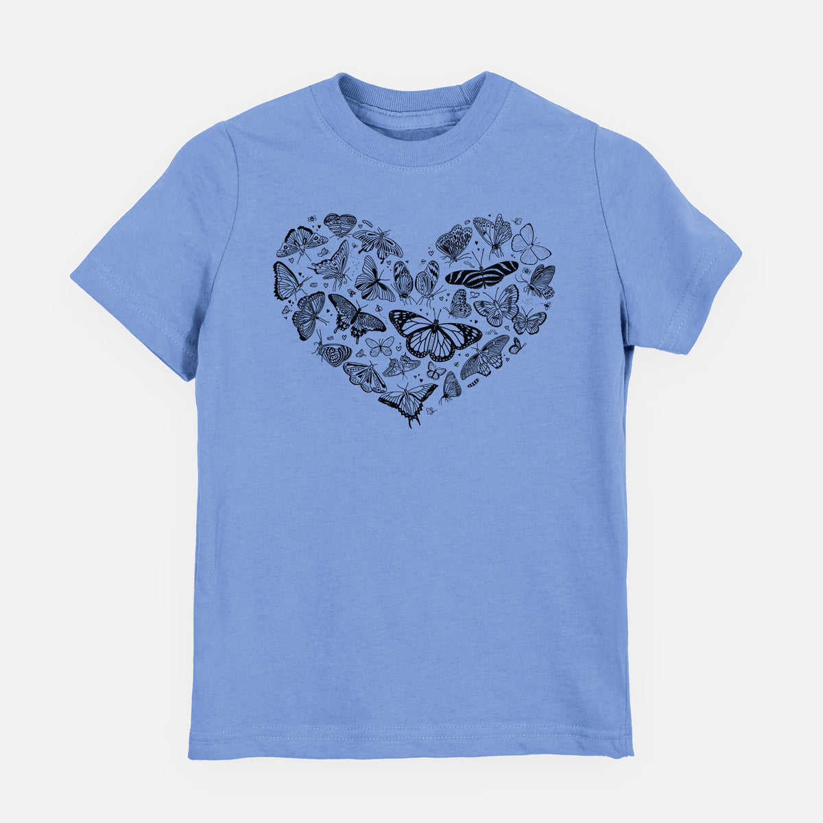 Carolina blue youth t-shirt laid flat, printed with a heart shape filled with small black ink butterflies and moths.