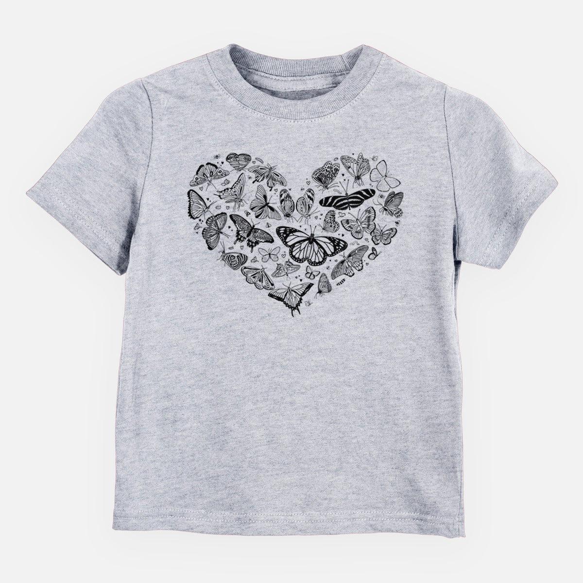 Heather grey toddler t-shirt laid flat, printed with a heart shape filled with small black ink butterflies and moths.