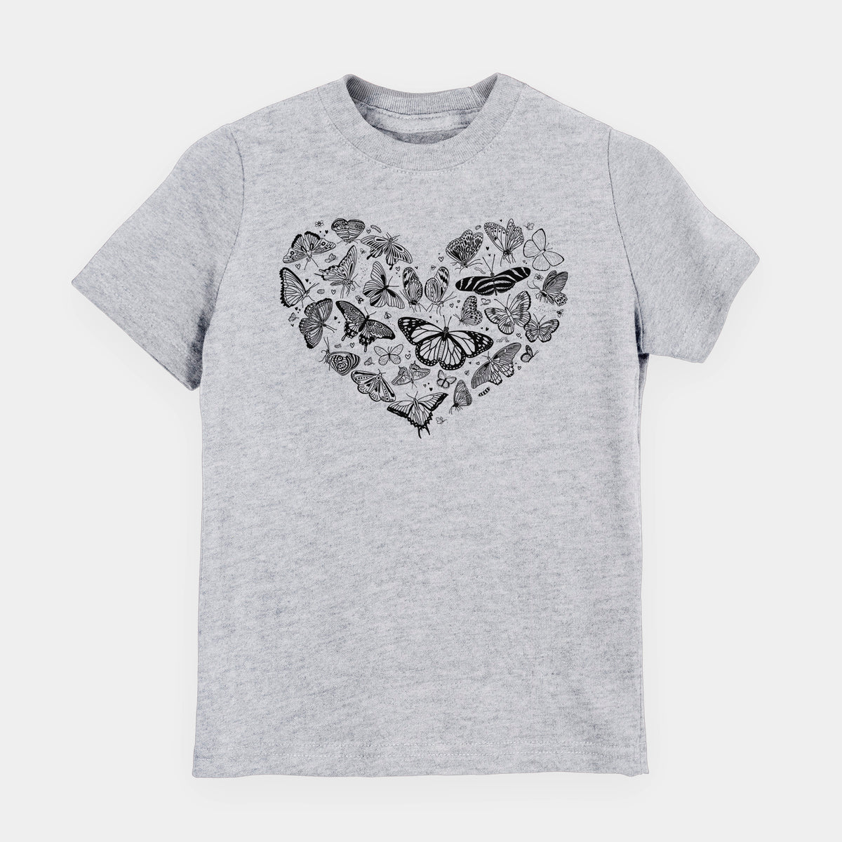 Heather grey youth t-shirt laid flat, printed with a heart shape filled with small black ink butterflies and moths.
