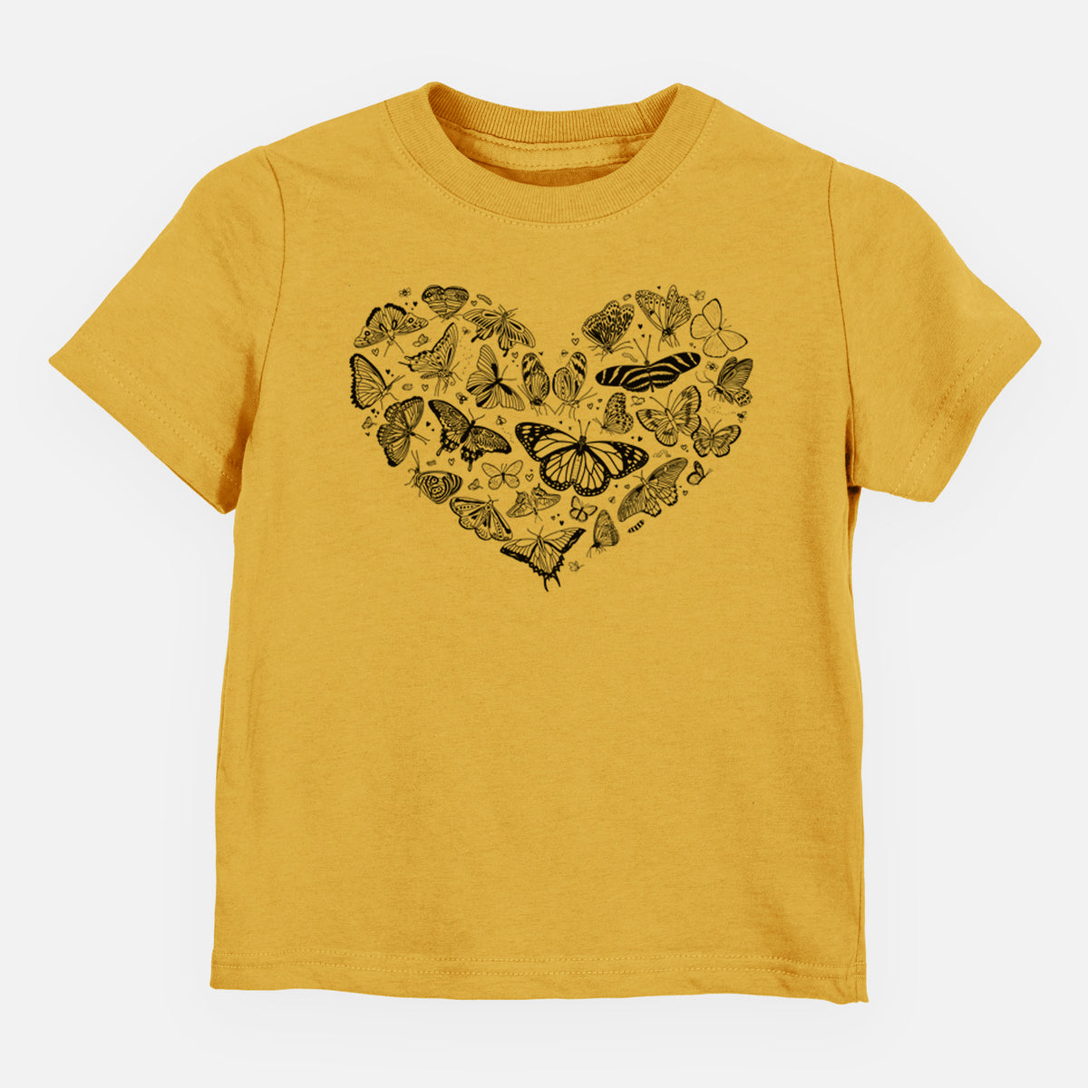 Honeycomb yellow toddler t-shirt laid flat, printed with a heart shape filled with small black ink butterflies and moths.