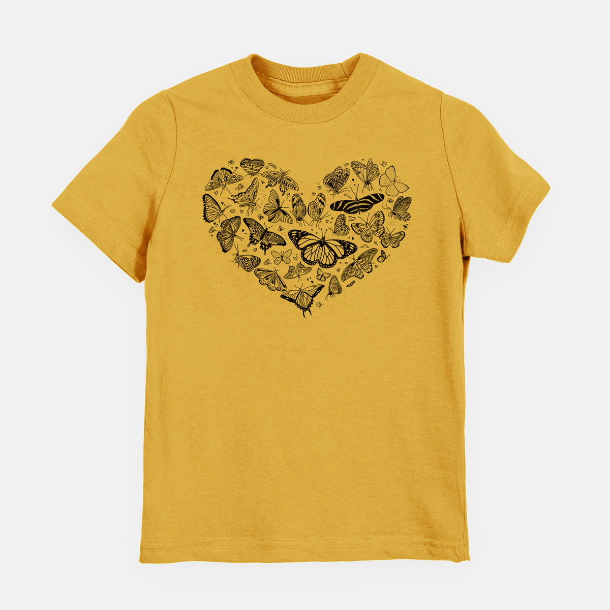 Honeycomb yellow youth t-shirt laid flat, printed with a heart shape filled with small black ink butterflies and moths.