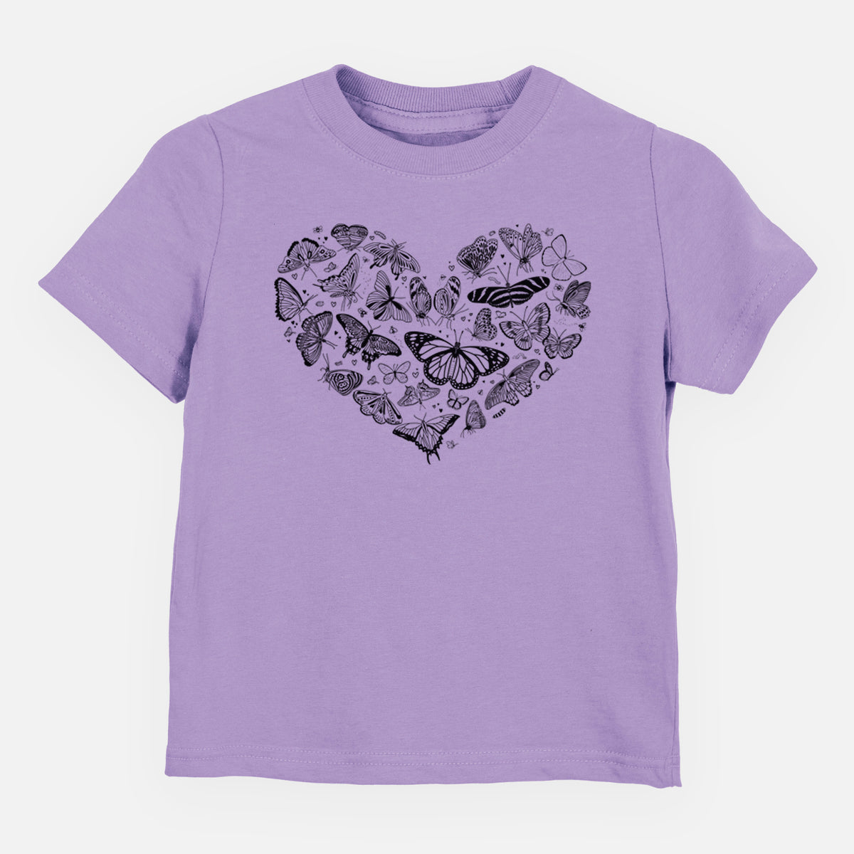 Lavender toddler t-shirt laid flat, printed with a heart shape filled with small black ink butterflies and moths.