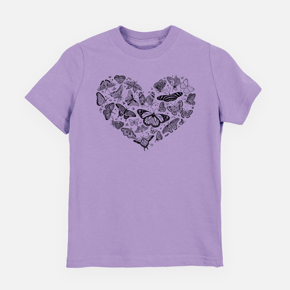 Lavender youth t-shirt laid flat, printed with a heart shape filled with small black ink butterflies and moths.