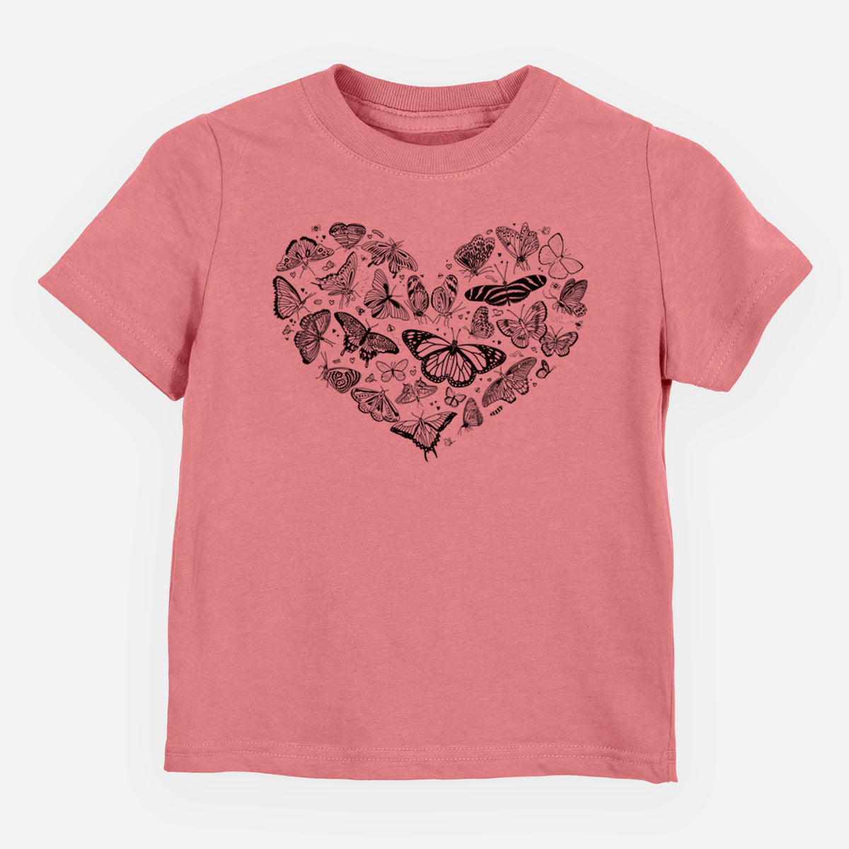 Mauve pink toddler t-shirt laid flat, printed with a heart shape filled with small black ink butterflies and moths.