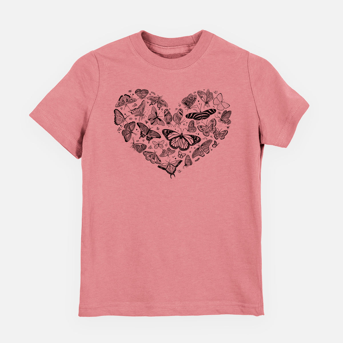 Mauve pink youth t-shirt laid flat, printed with a heart shape filled with small black ink butterflies and moths.