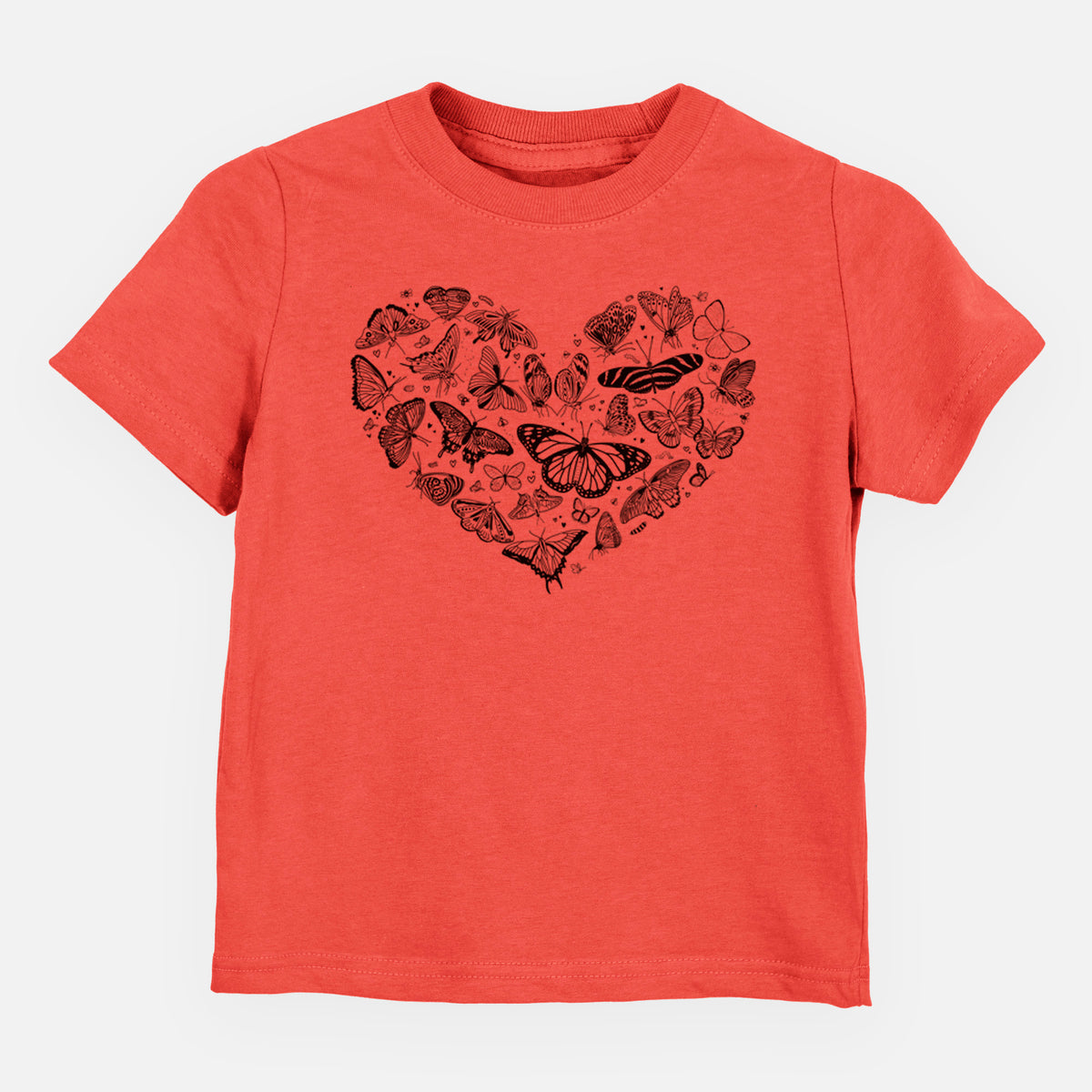 Passionfruit pink toddler t-shirt laid flat, printed with a heart shape filled with small black ink butterflies and moths.