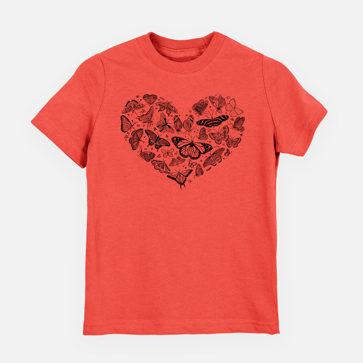 Passionfruit pink youth t-shirt laid flat, printed with a heart shape filled with small black ink butterflies and moths.
