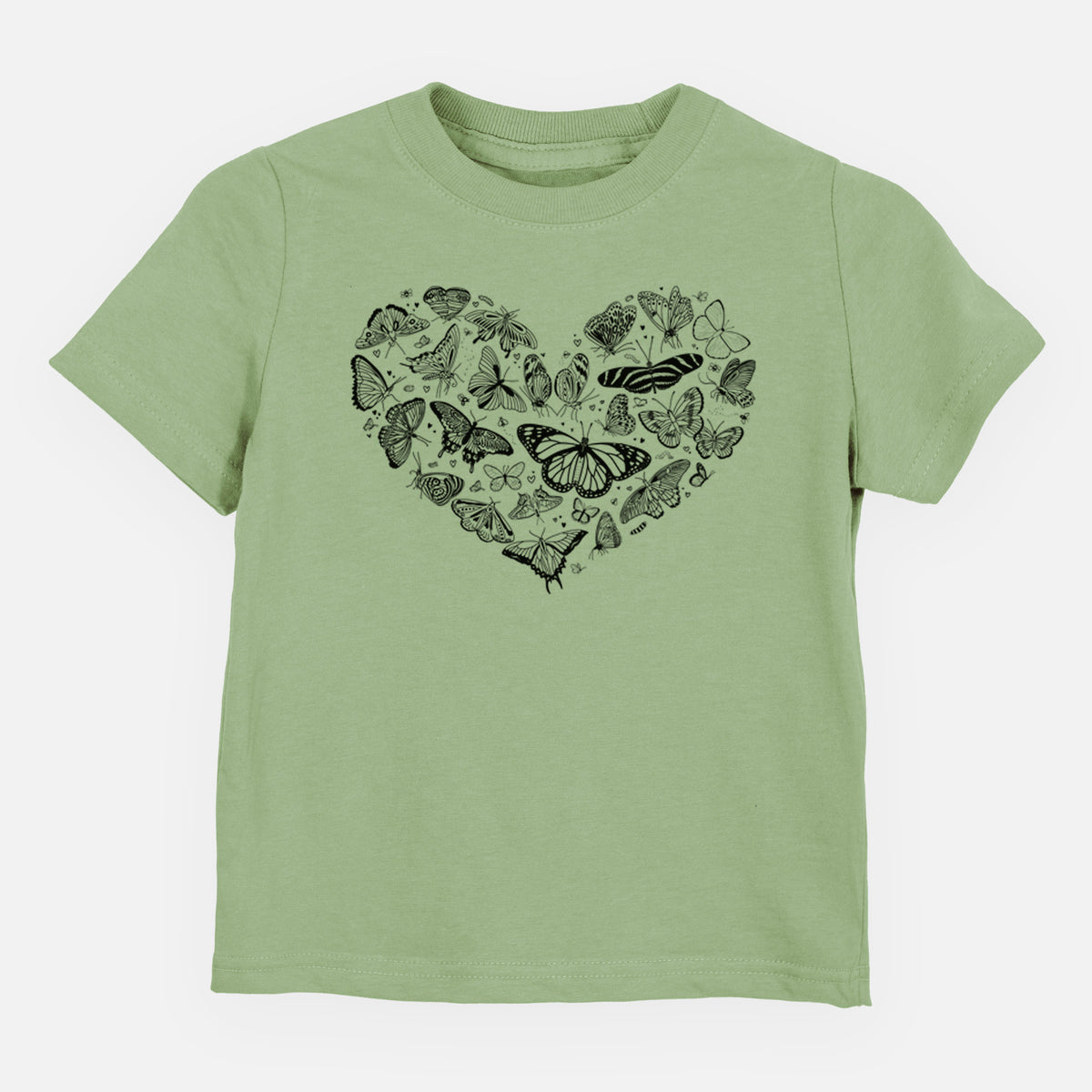 Sage green toddler t-shirt laid flat, printed with a heart shape filled with small black ink butterflies and moths.