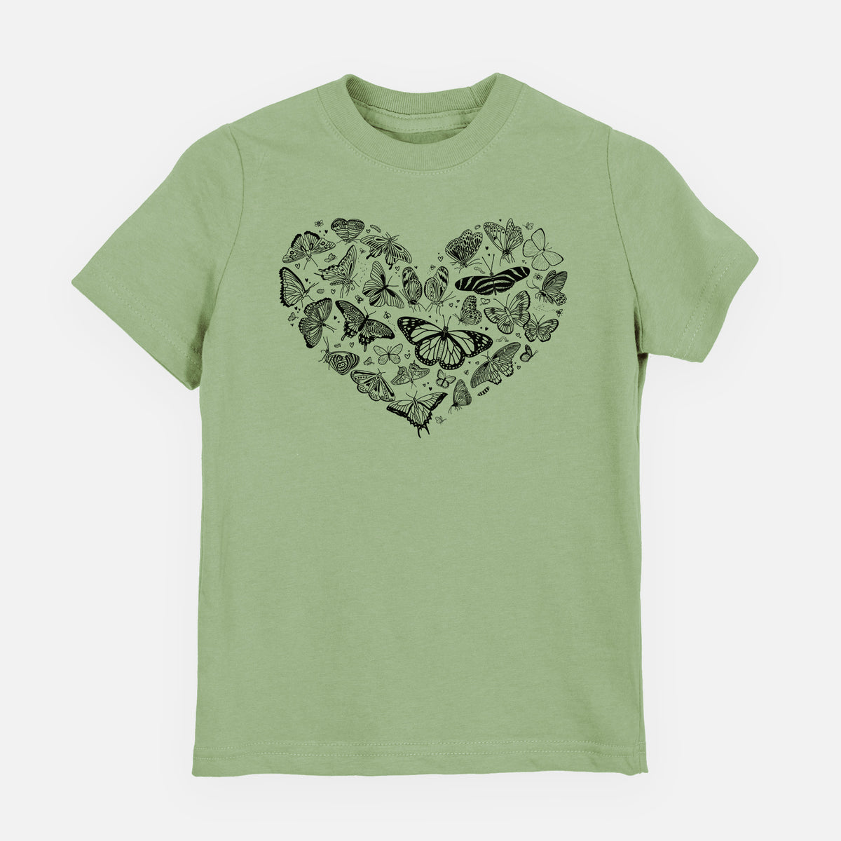 Sage green youth t-shirt laid flat, printed with a heart shape filled with small black ink butterflies and moths.