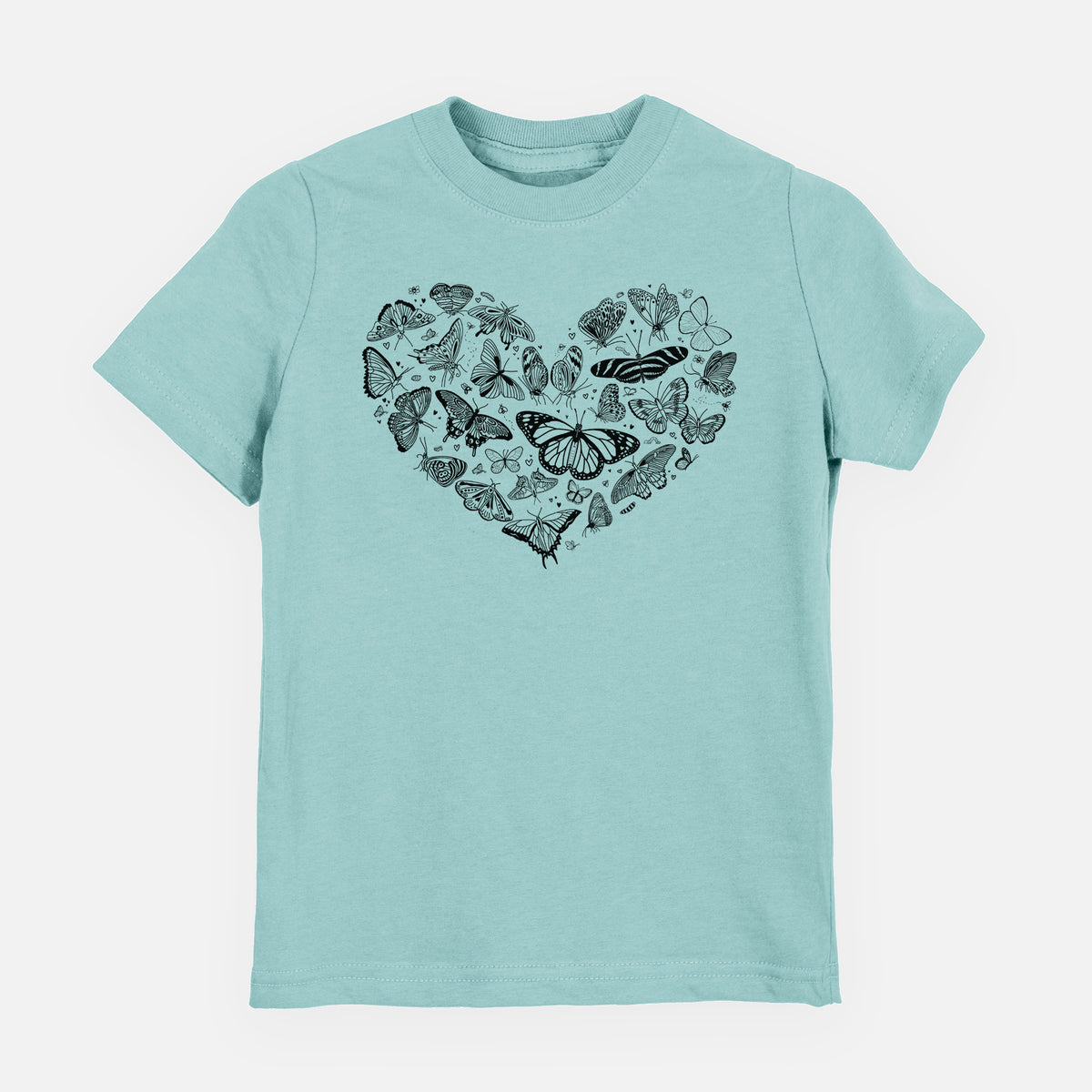 Saltwater youth t-shirt laid flat, printed with a heart shape filled with small black ink butterflies and moths.