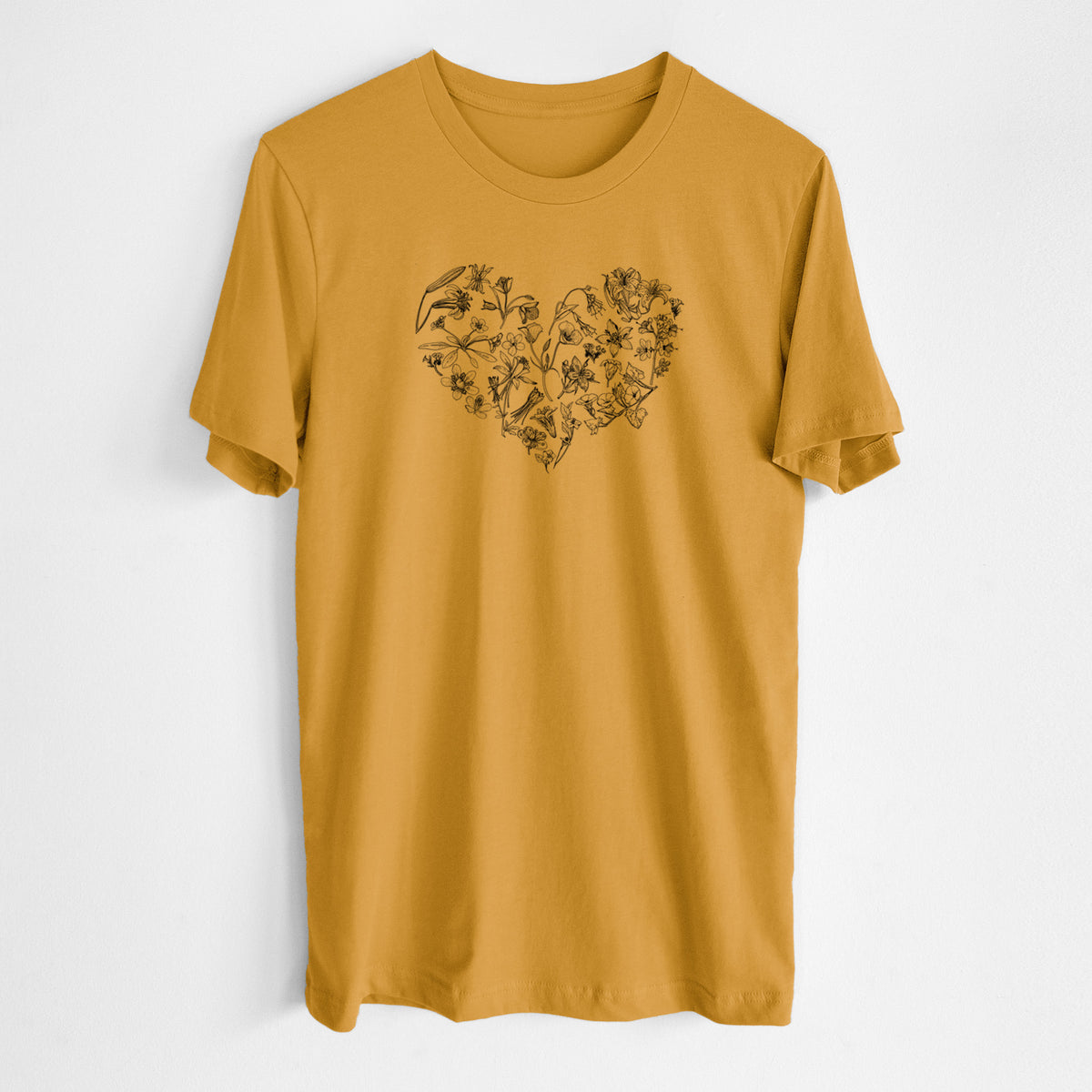 Honeycomb yellow lightweight cotton t-shirt laid flat, printed with a heart shape filled with black ink California mountain wildflowers.