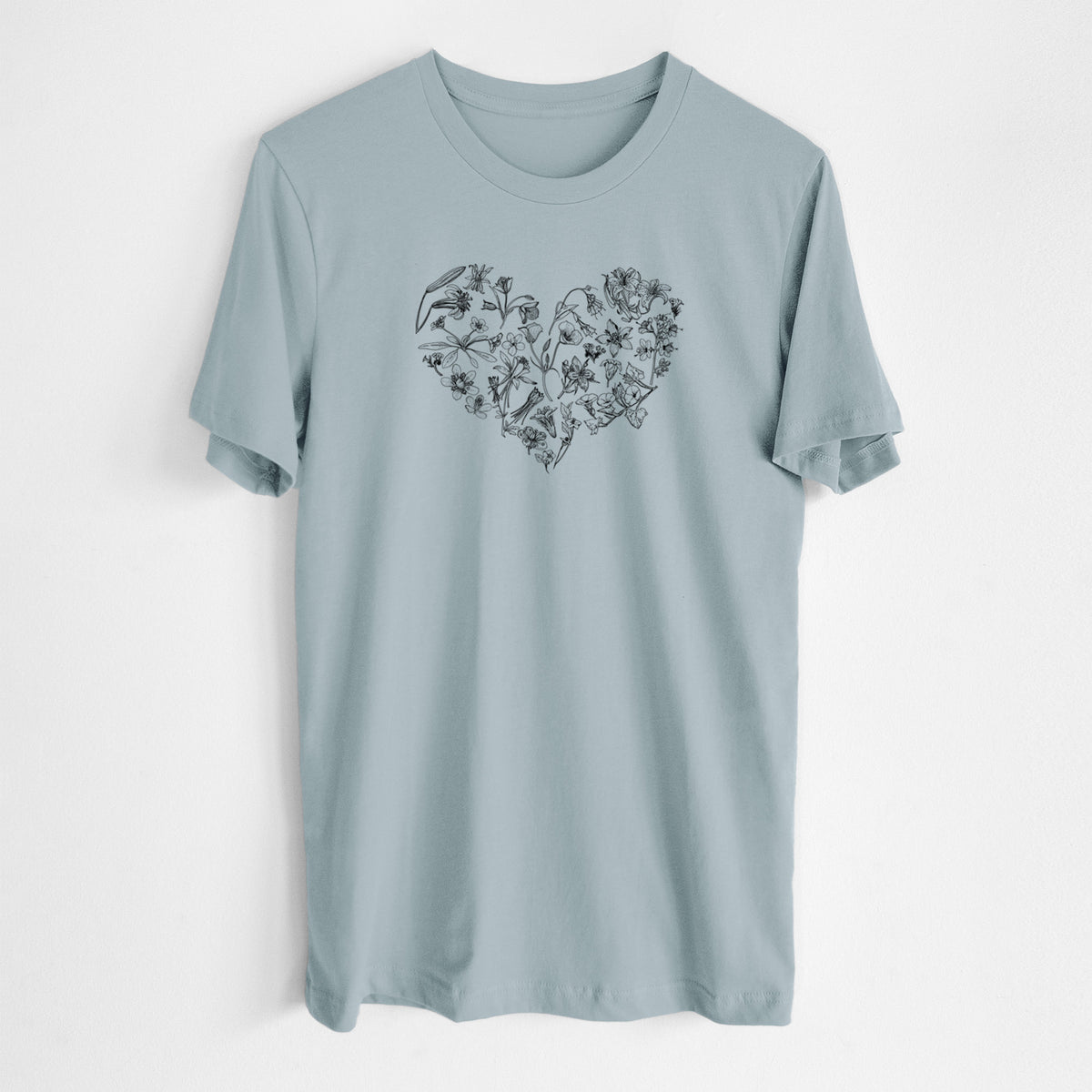 Vintage denim lightweight cotton t-shirt laid flat, printed with a heart shape filled with black ink California mountain wildflowers.