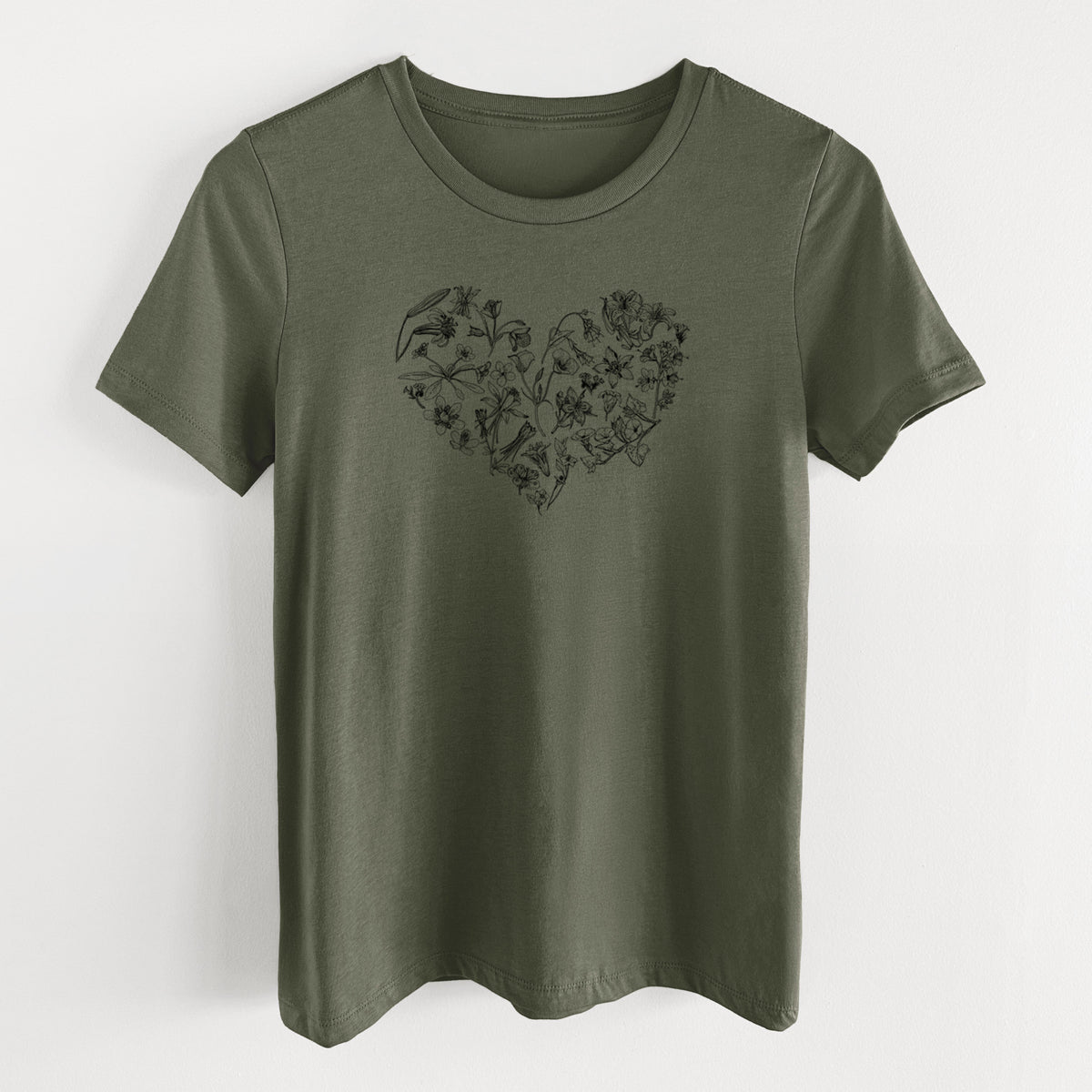Military green women's relaxed fit cotton t-shirt laid flat, printed with a heart shape filled with black ink California mountain wildflowers.