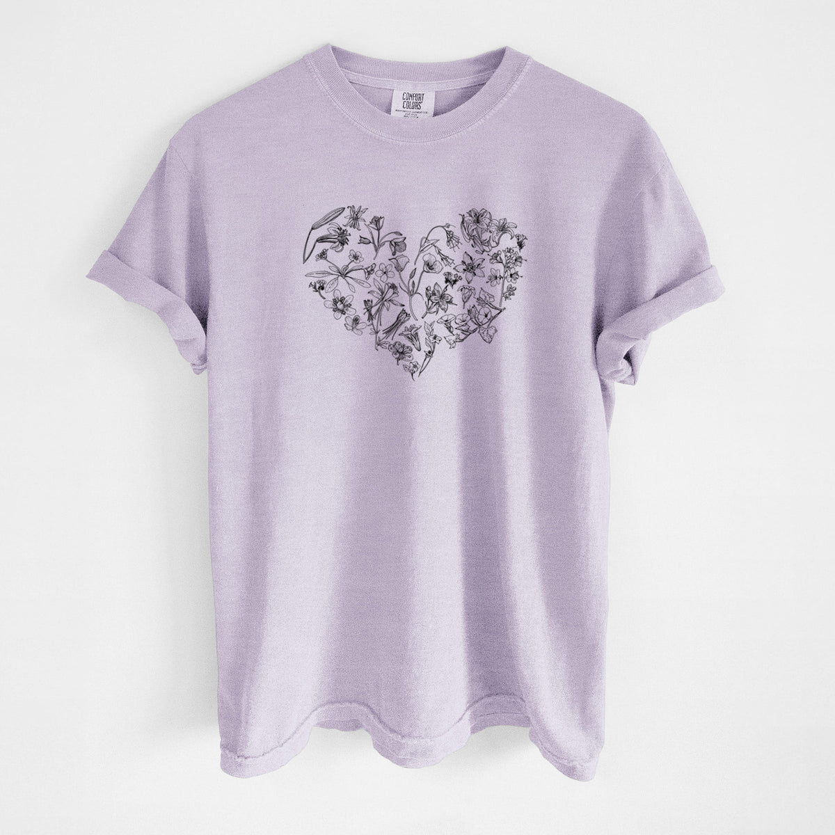 Orchid purple Comfort Colors t-shirt laid flat, printed with a heart shape filled with black ink California mountain wildflowers.