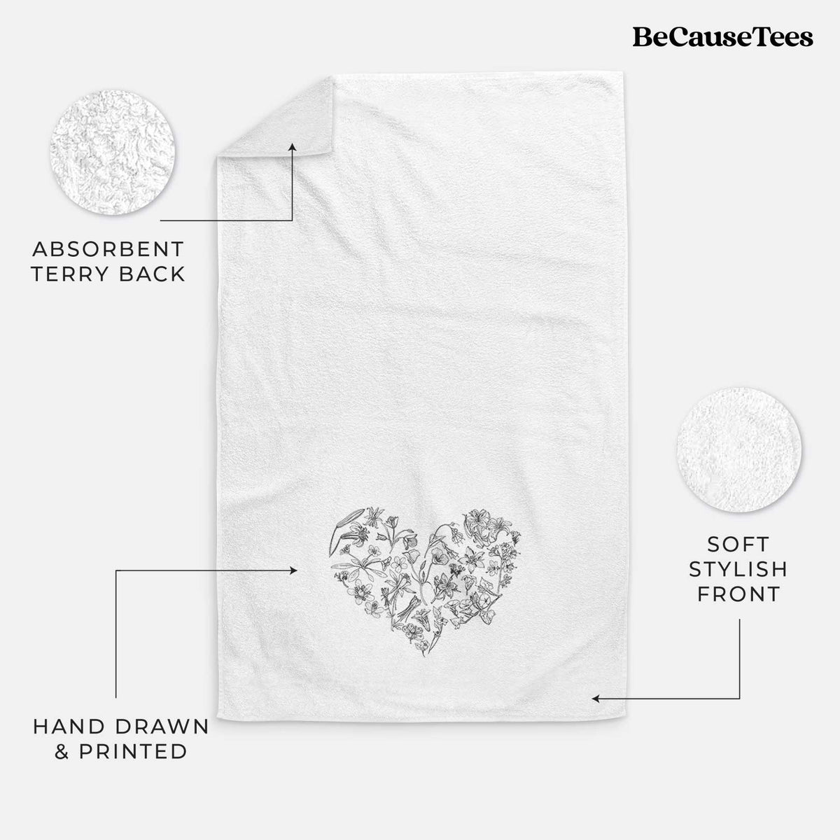 White hand towel printed with a heart shape filled with black ink California mountain wildflowers.